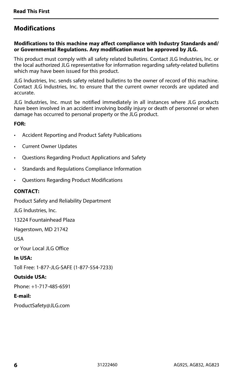 JLG AG823 AG832 AG925 Telehandler Maintenance Operators Manual 31222460