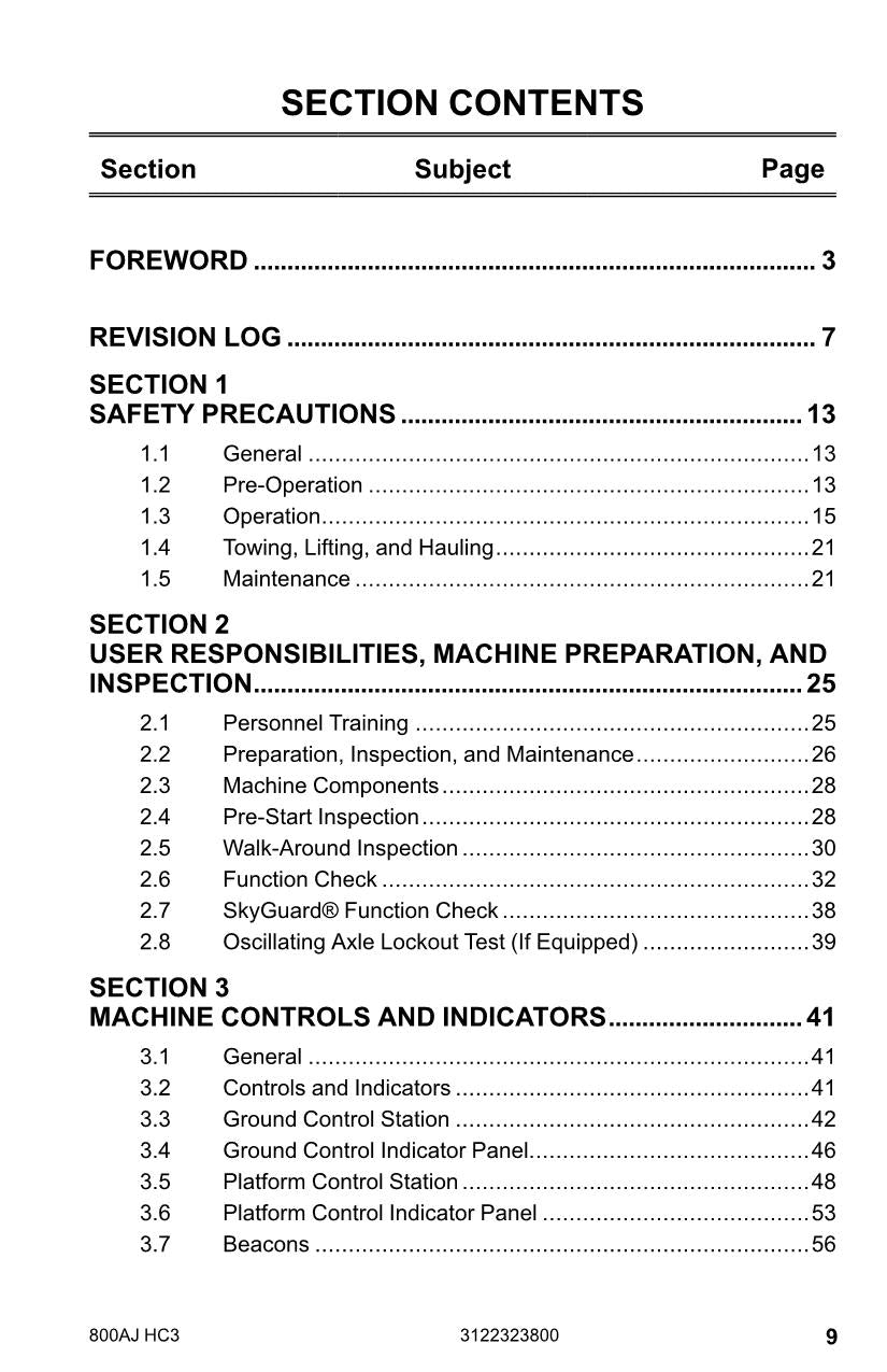 JLG 800AJ HC3 Boom Lift Maintenance Operation Operators Manual 3122323800