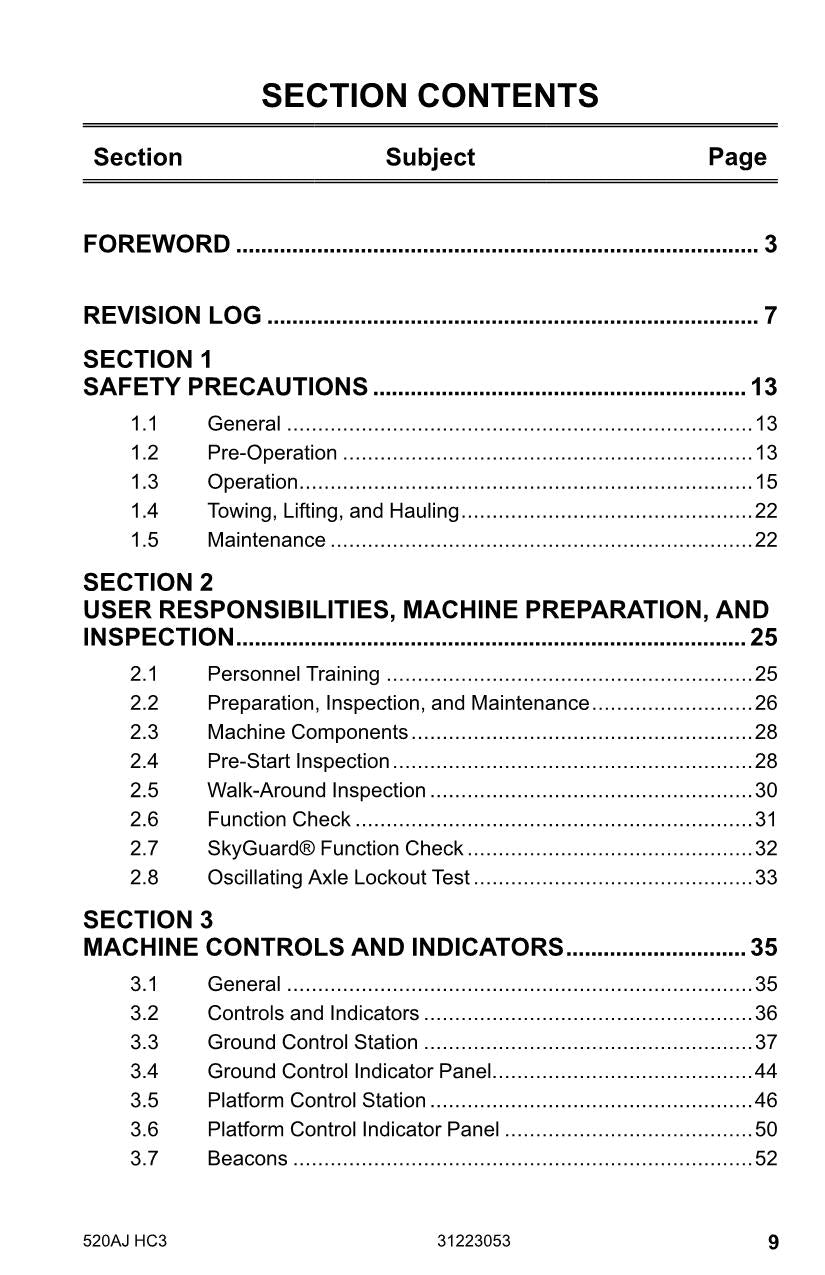 JLG 520AJ HC3 Boom Lift Maintenance Operation Operators Manual 31223053