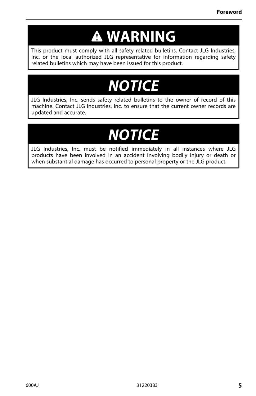 JLG 600AJ Boom Lift Maintenance Operation Operators Manual 31220383