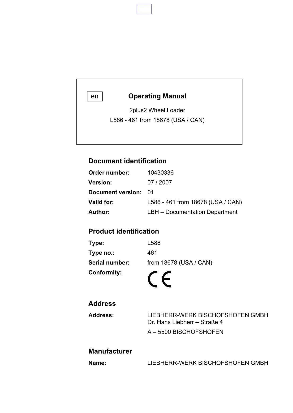 Liebherr L586 - 461 from 18678 (USA CAN) 2plus2 Wheel Loader Operators manual