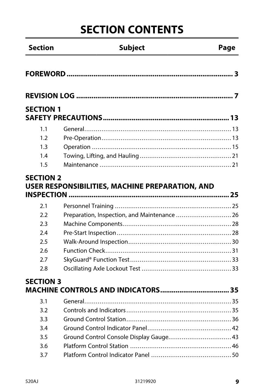 JLG 520AJ Boom Lift Maintenance Operation Operators Manual 31219920