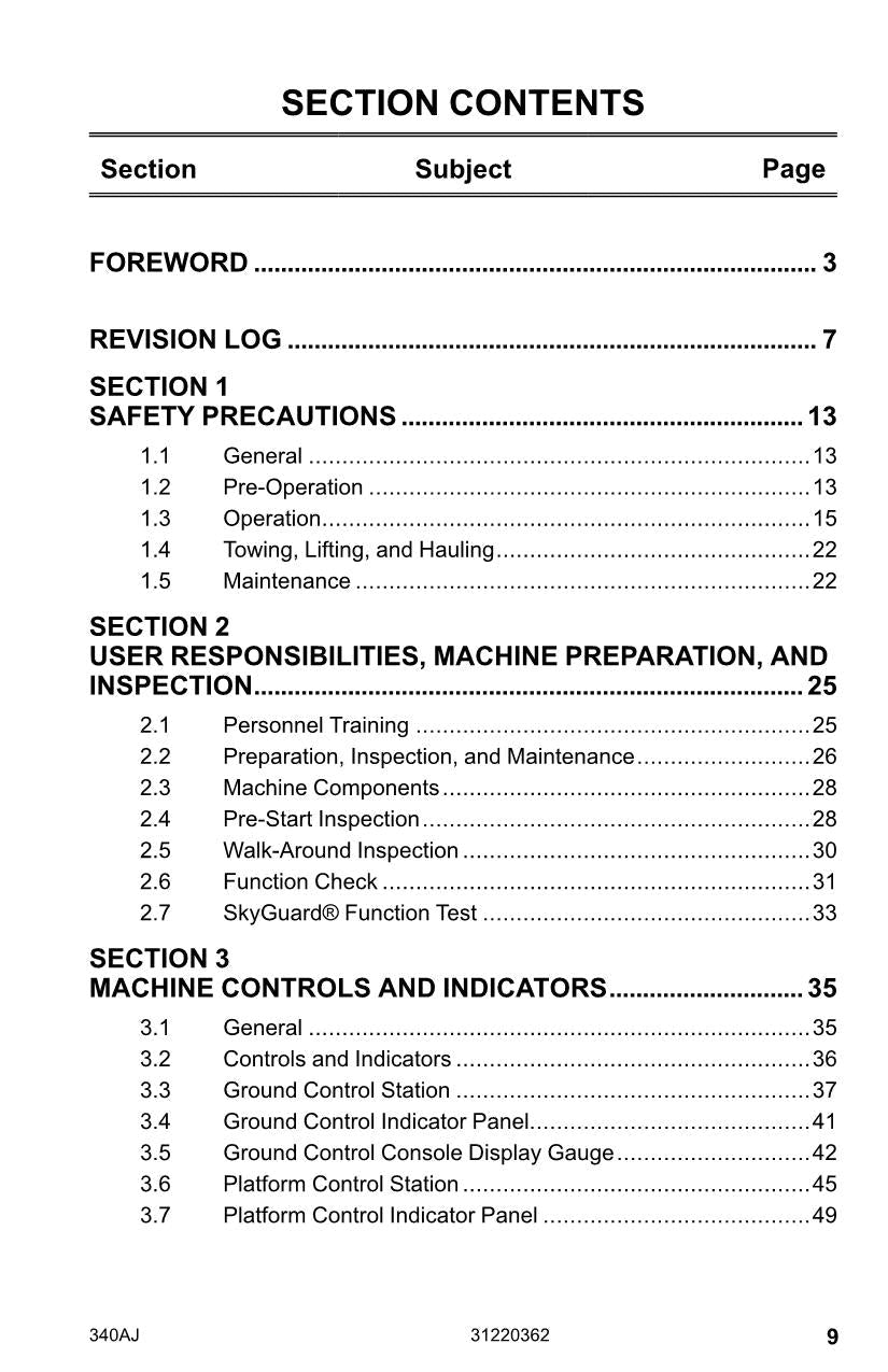 JLG 340AJ Boom Lift Maintenance Operation Operators Manual 31220362