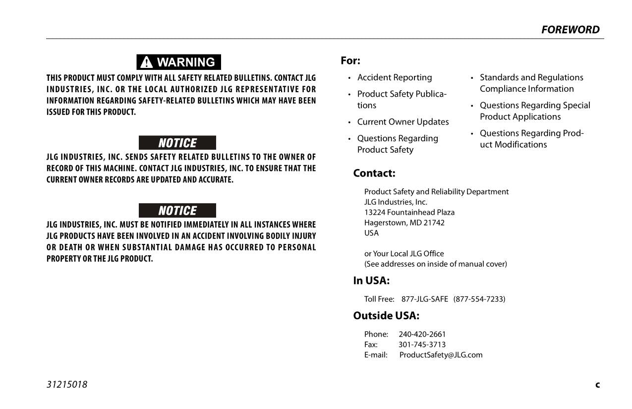 JLG 400SC 460SJC Boom Lift Maintenance Operation Operators Manual 31215018