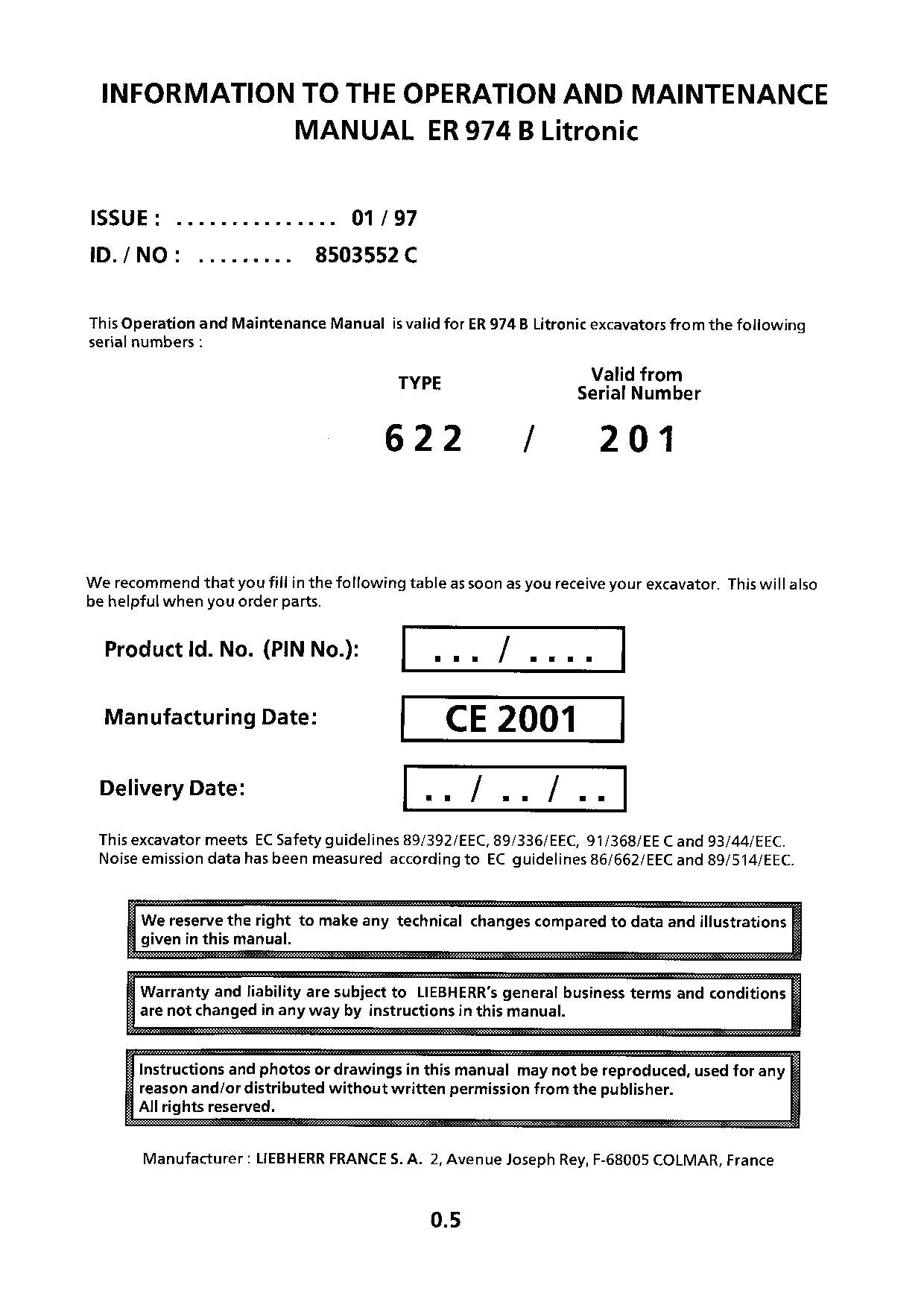 Liebherr ER974 B Litronic Excavator Operators manual ser 622/201