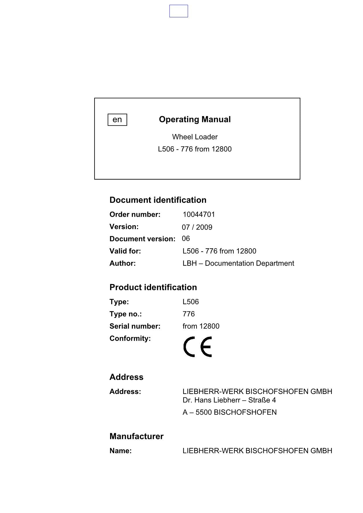 Liebherr L506 Wheel Loader Operators manual