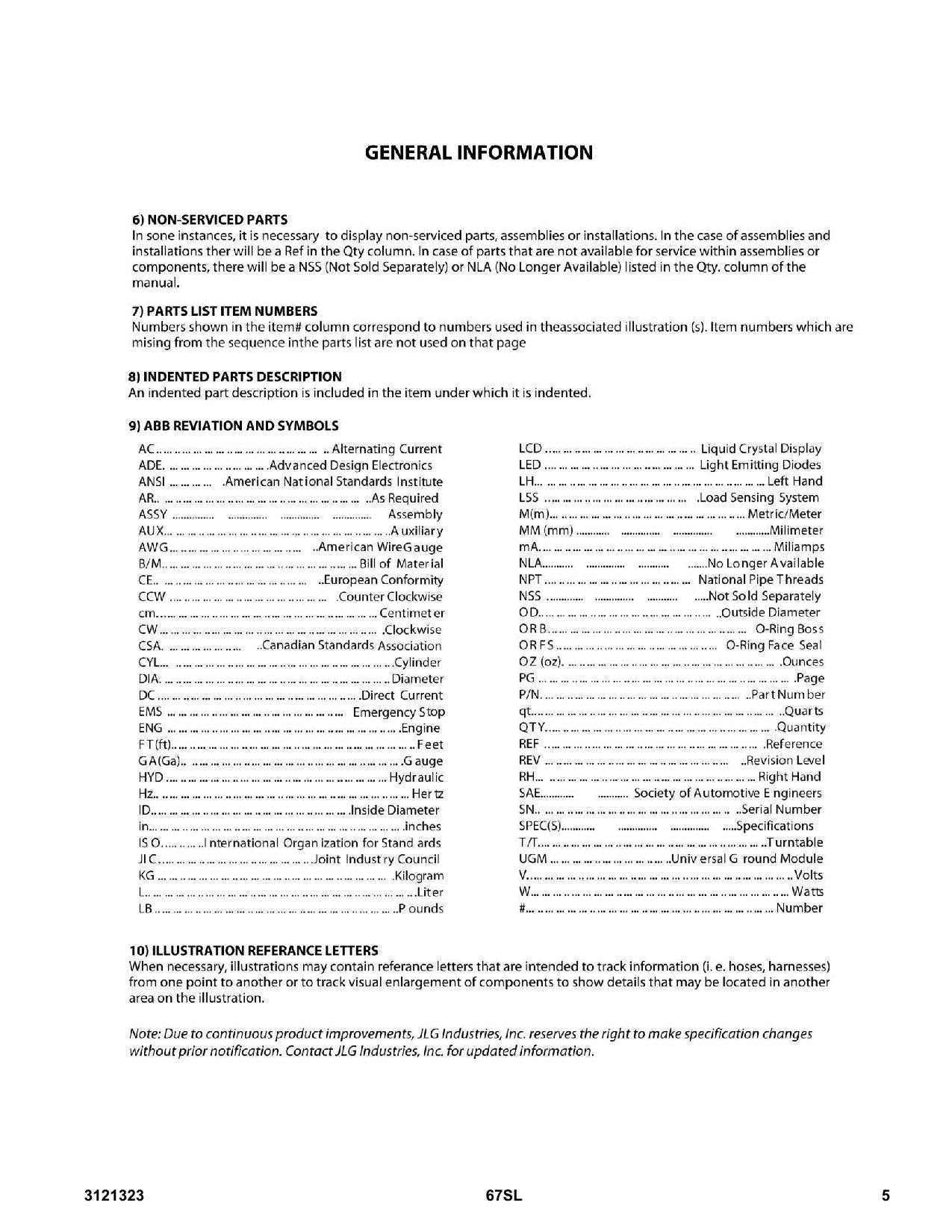 JLG 67SL Scissor Lift Parts Catalog Manual