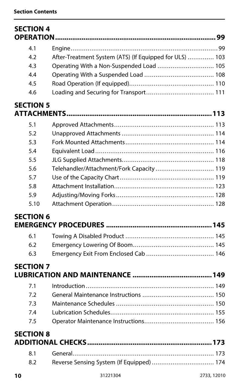 JLG 12010 2733 Telehandler Maintenance Operation Operators Manual 31221304