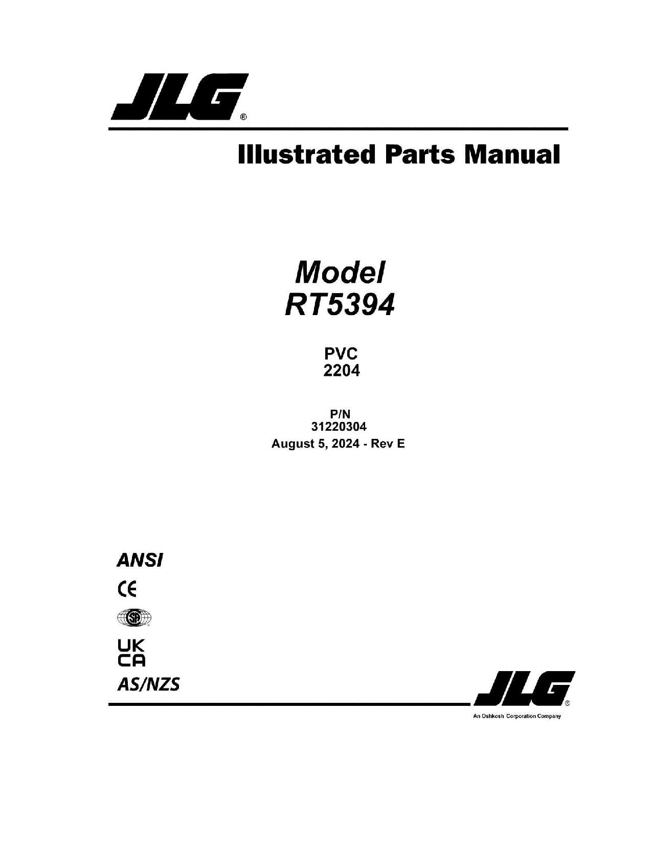 JLG RT5394 Scissor Lift Parts Catalog Manual 31220304