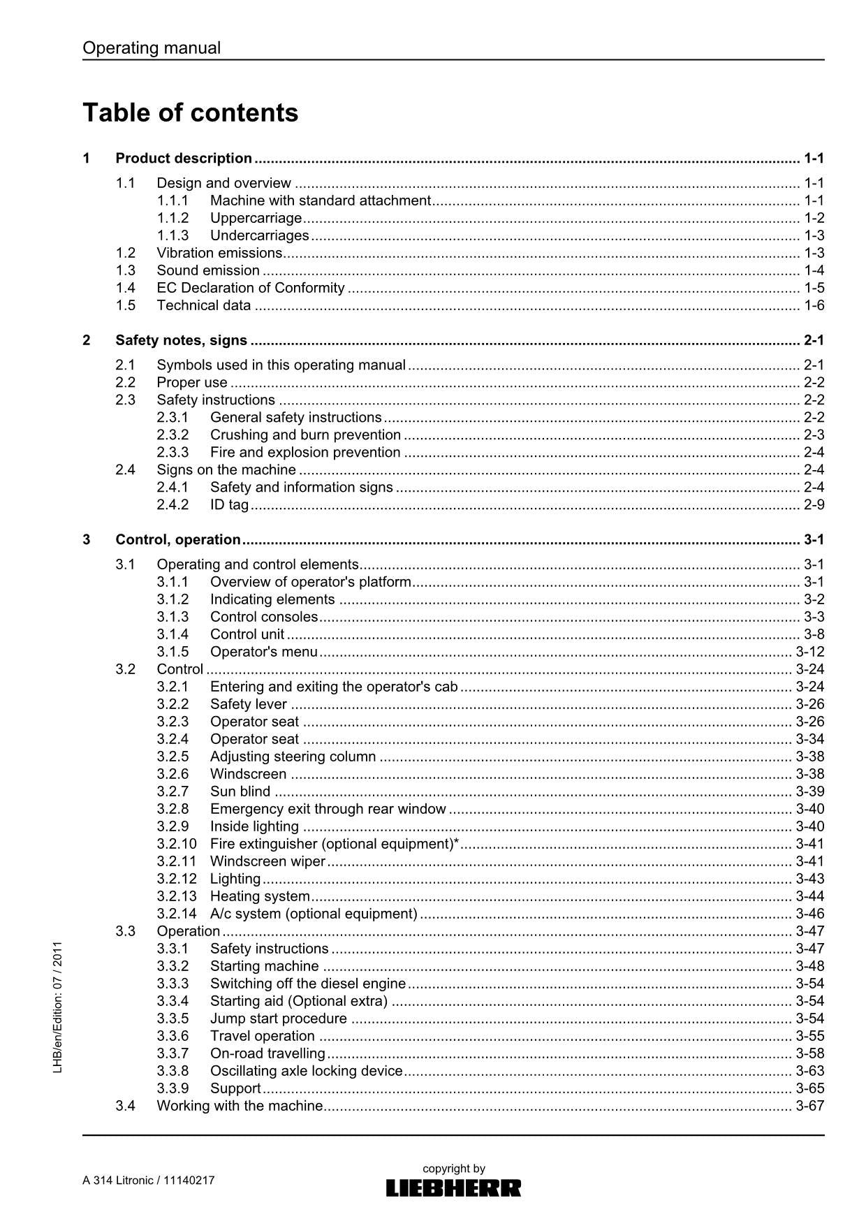 Liebherr A314 Litronic Excavator Operators manual