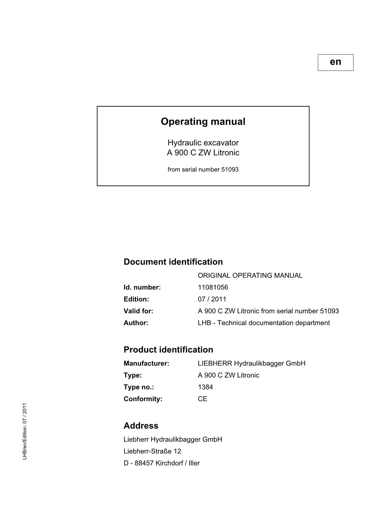 Liebherr A900 C ZW Litronic Excavator Operators manual serial 51093