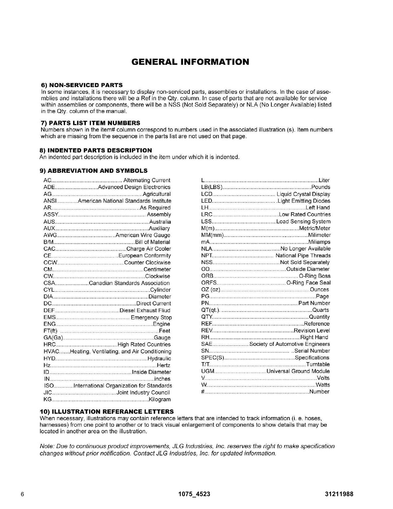 JLG 1075 4523 Telehandler  Parts Catalog Manual