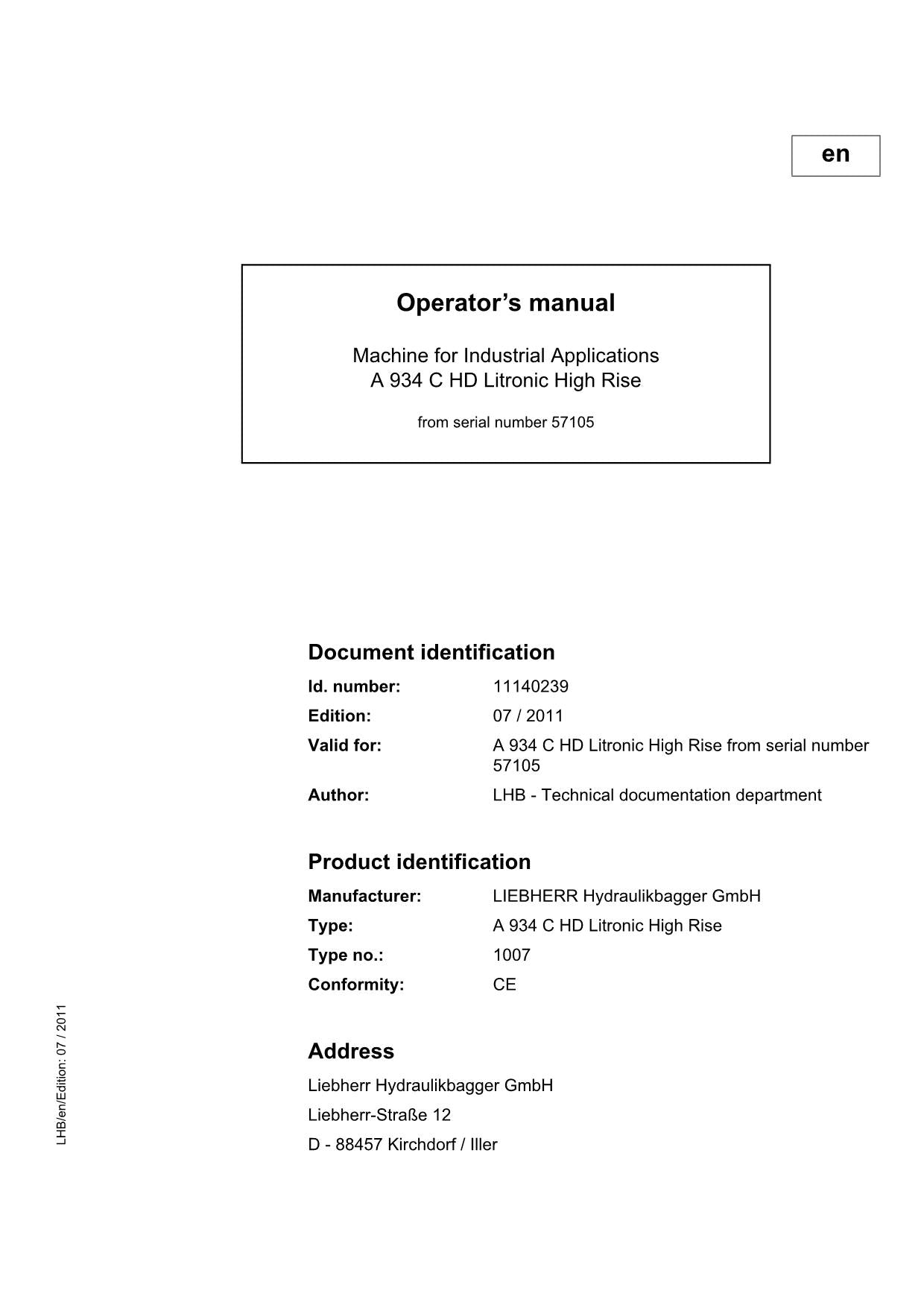 Liebherr A934 C HD Litronic High Rise Excavator Operators manual