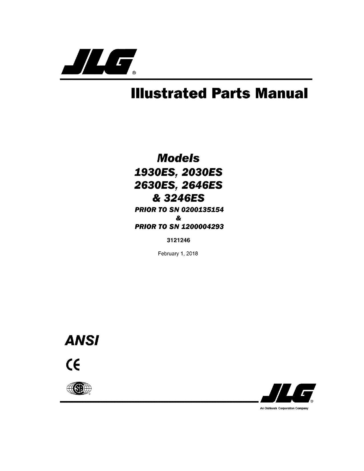 JLG 1930ES 2030ES 2630ES 2646ES 3246ES Scissor Lift Parts Catalog Manual 3121246