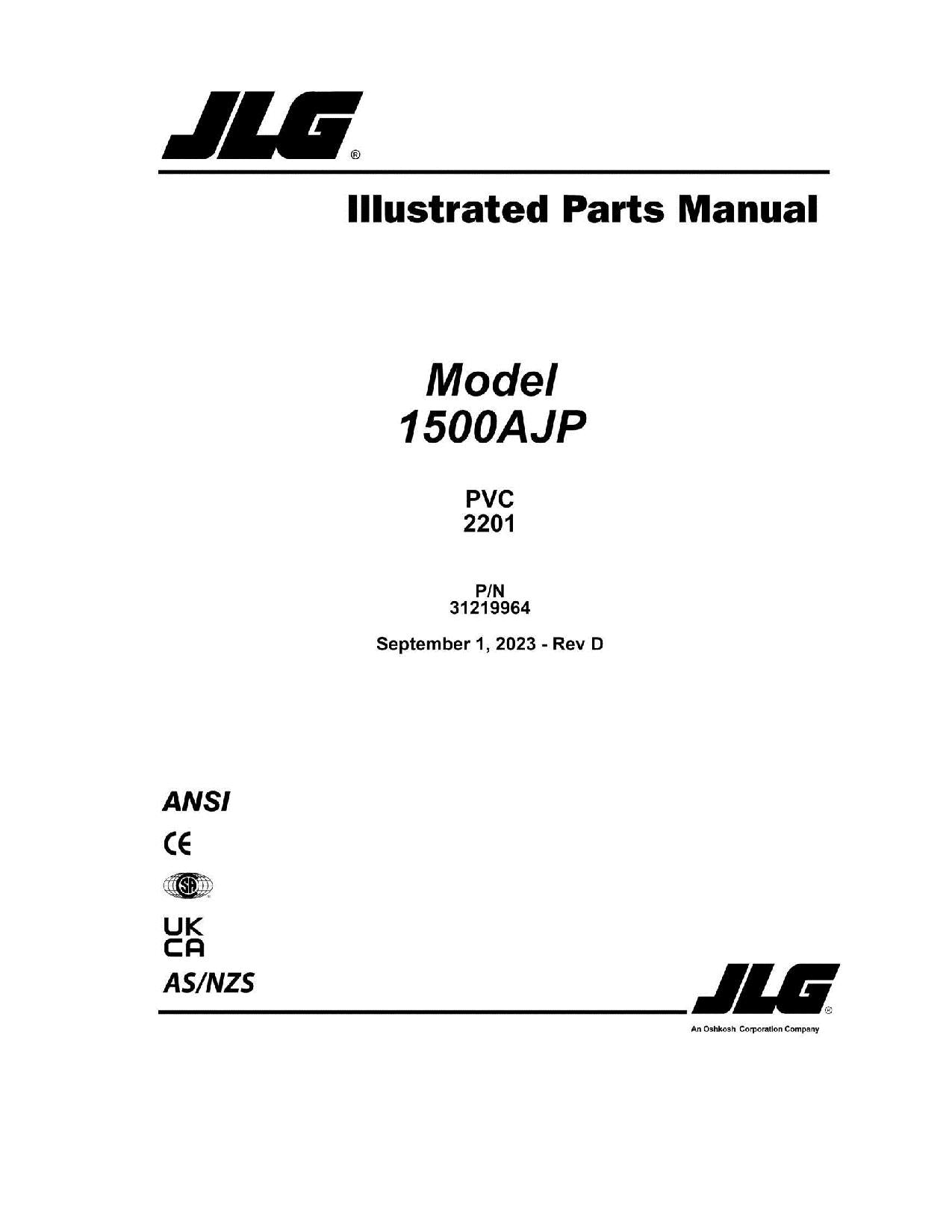 JLG 1500AJP Boom Lift Parts Catalog Manual 31219964