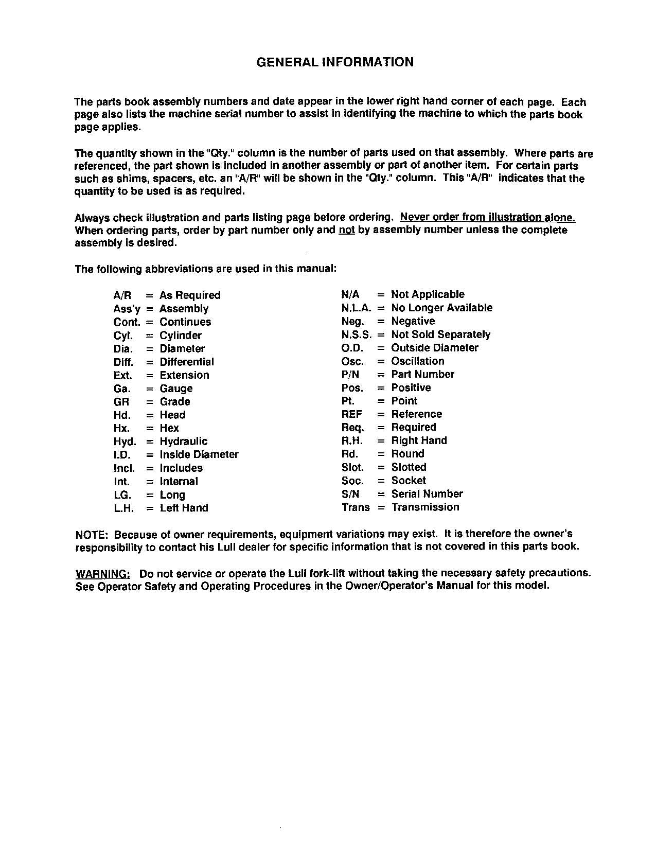 JLG LULL 1044 Telehandler Parts Catalog Manual