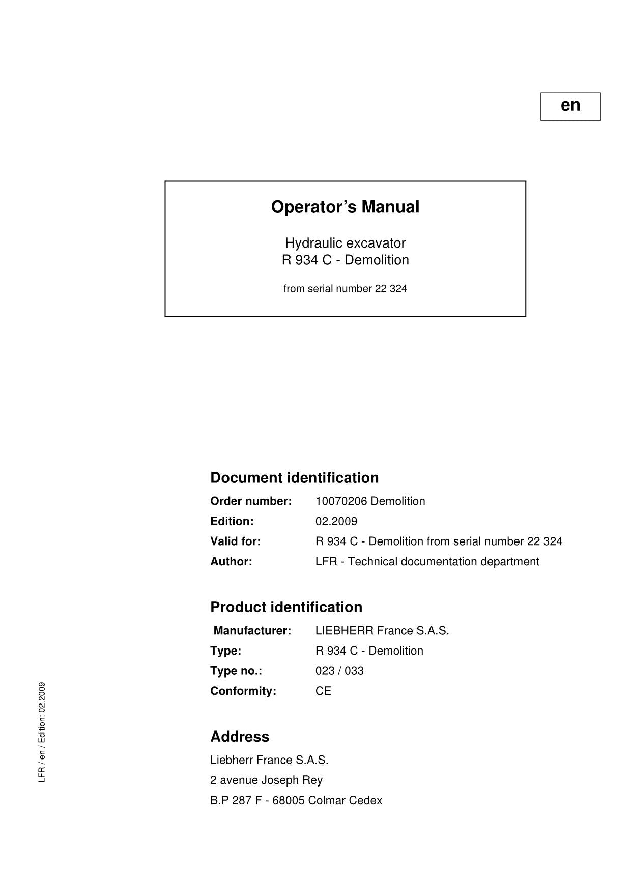 Liebherr R934 C Demolition Excavator Operators manual serial 22324