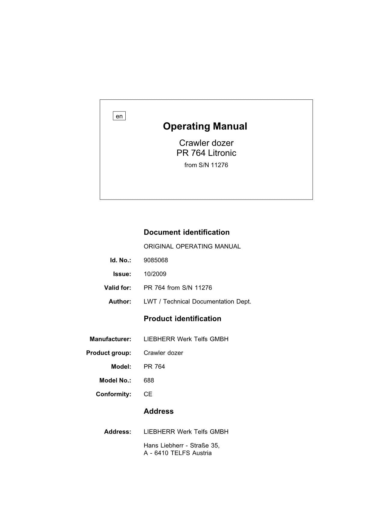 Liebherr PR764 Litronic Dozer Operators manual serial 11276