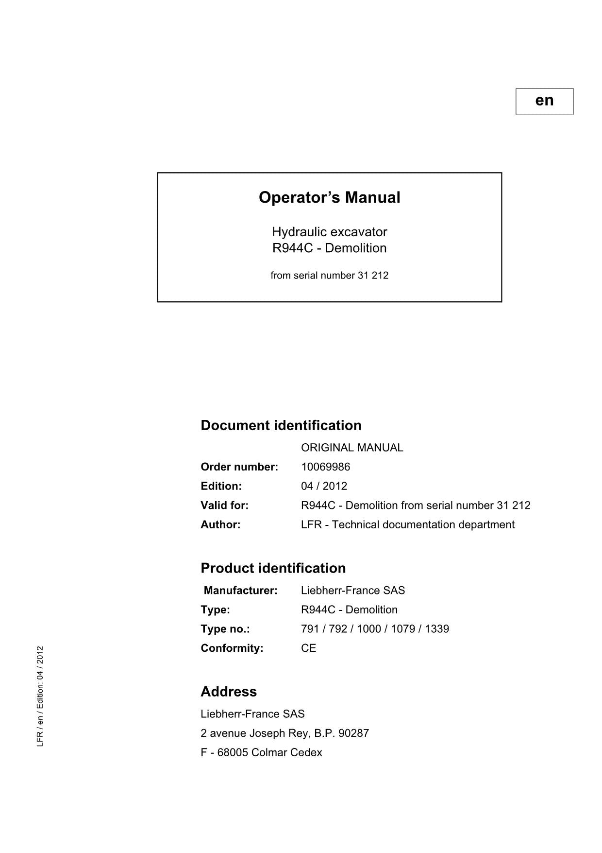 Liebherr R944 C Demolition Excavator Operators manual serial 31212