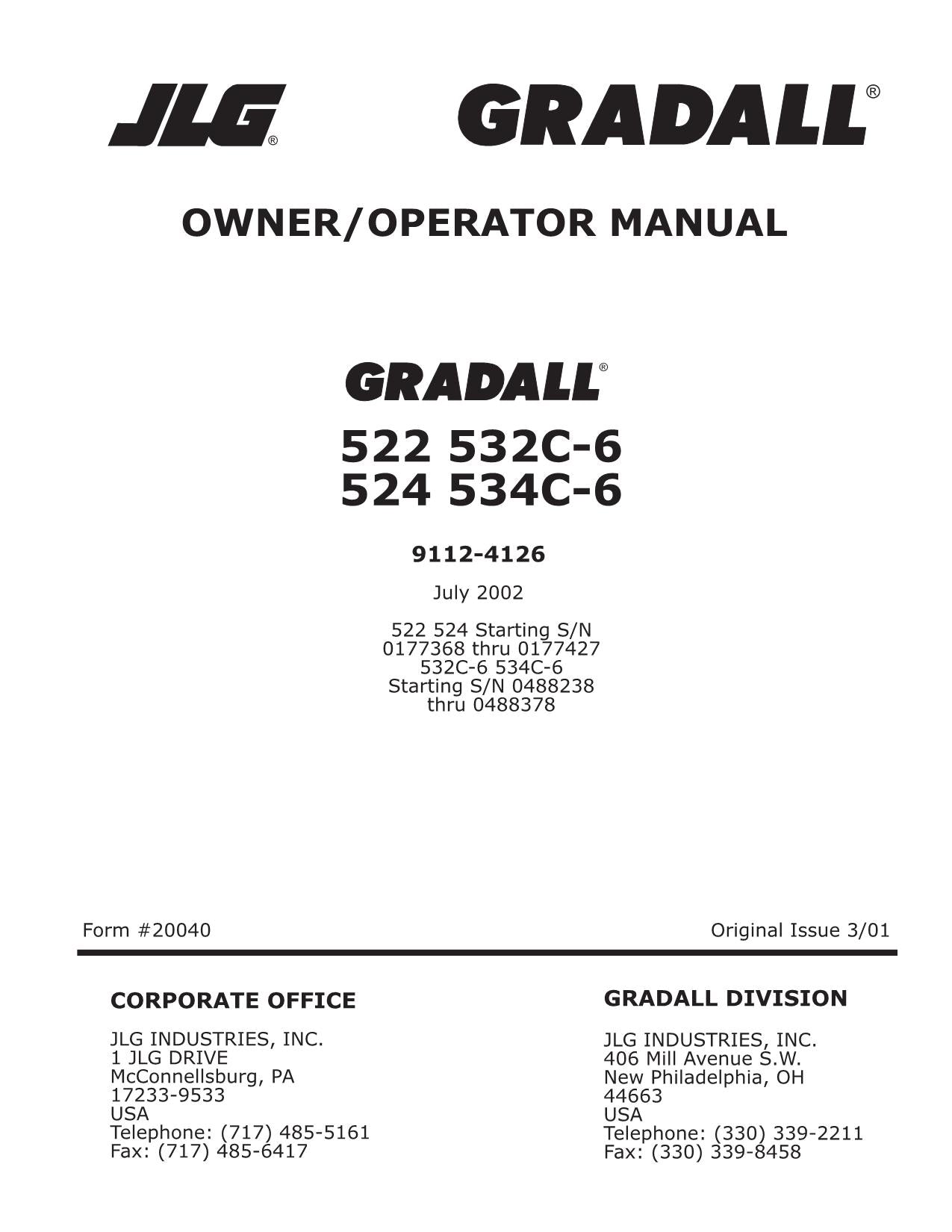 GRADALL JLG 522 524 532C-6 534C-6 Telehandler Operation Service 91124116