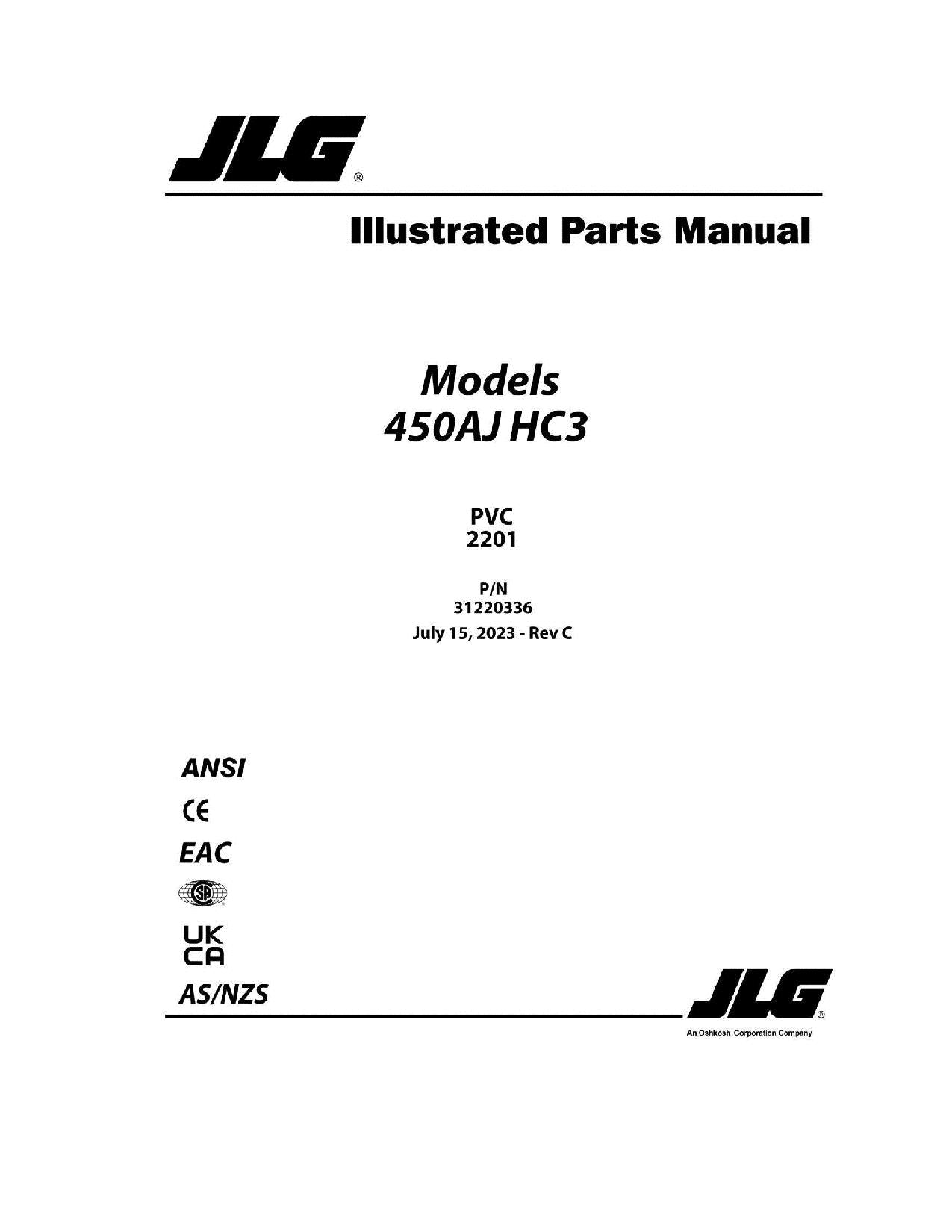 JLG 450AJ HC3 Boom Lift Parts Catalog Manual 31220336