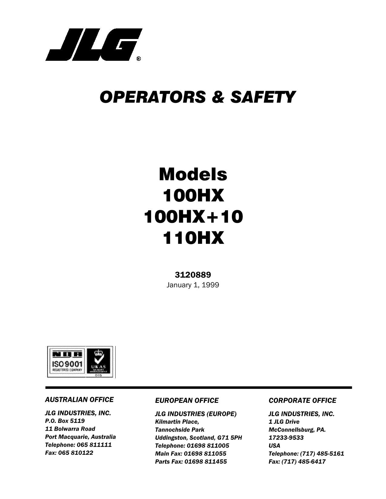 JLG 100HX 100HX+10 110HX Boom Lift Maintenance Operators Manual 3120889