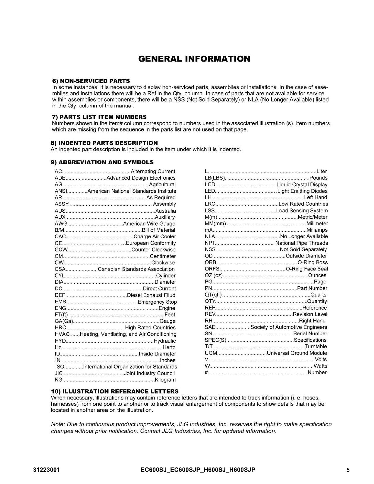 JLG EC600SJ EC600SJP H600SJ H600SJP Boom Lift Parts Catalog Manual 31223001