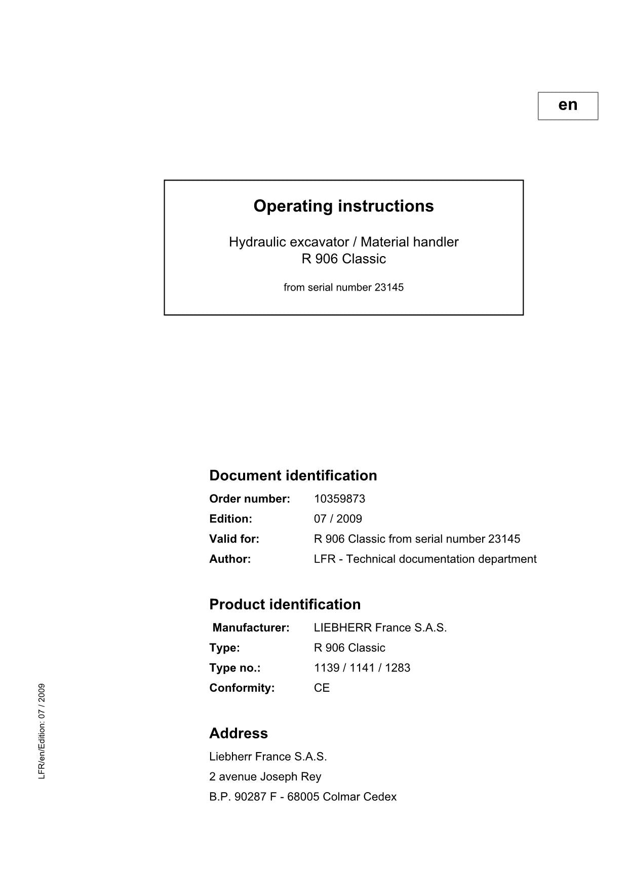 Liebherr R906 Classic Excavator Material handler Operators manual