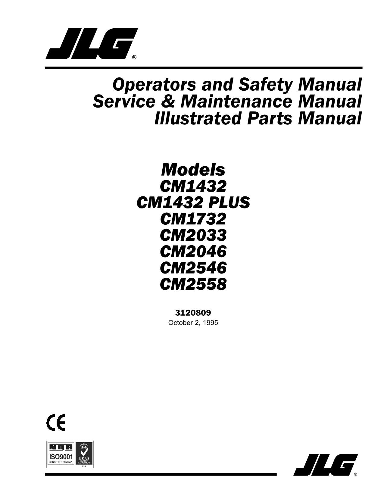 JLG CM1432 CM1432PLUS CM1732 CM2033 CM2046 Lift Operation Parts Service Manual