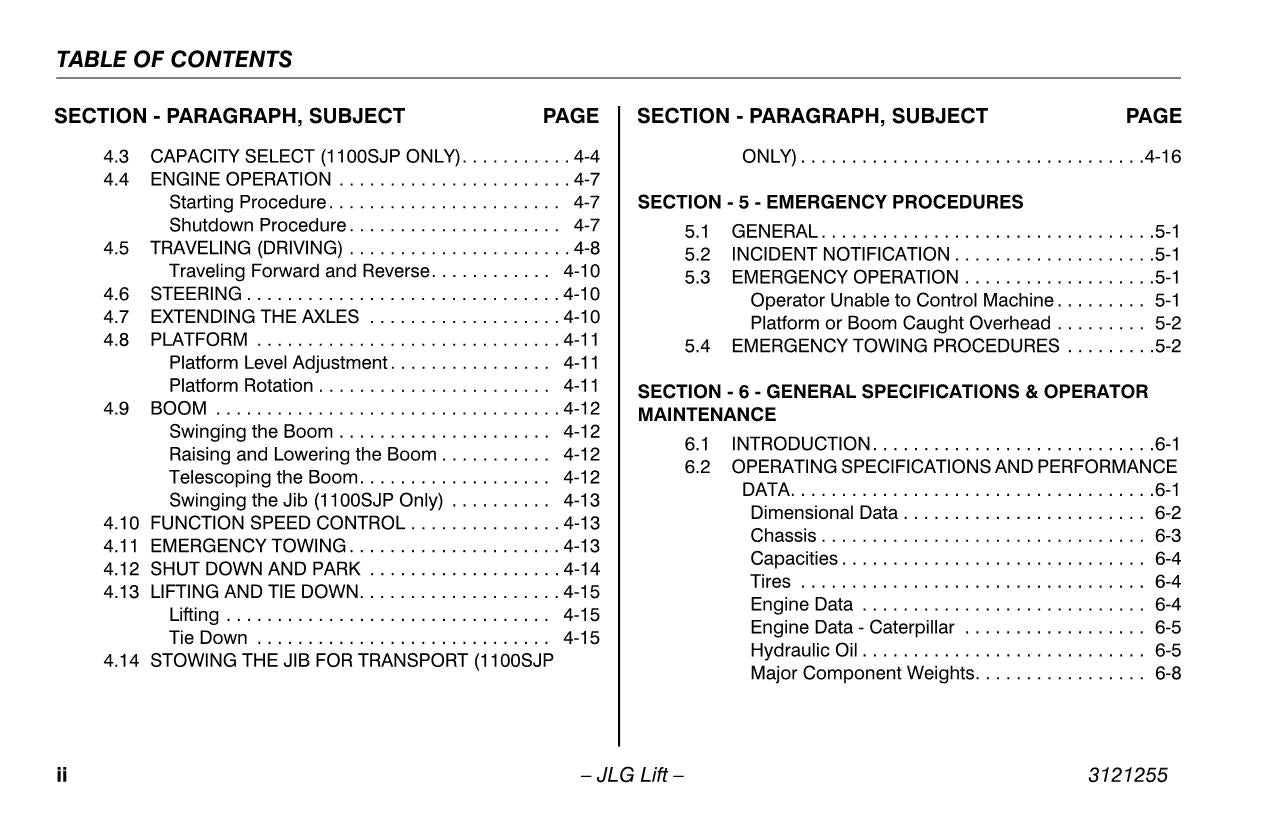 JLG 1100S 1100SJP Boom Lift Maintenance Operation Operators Manual