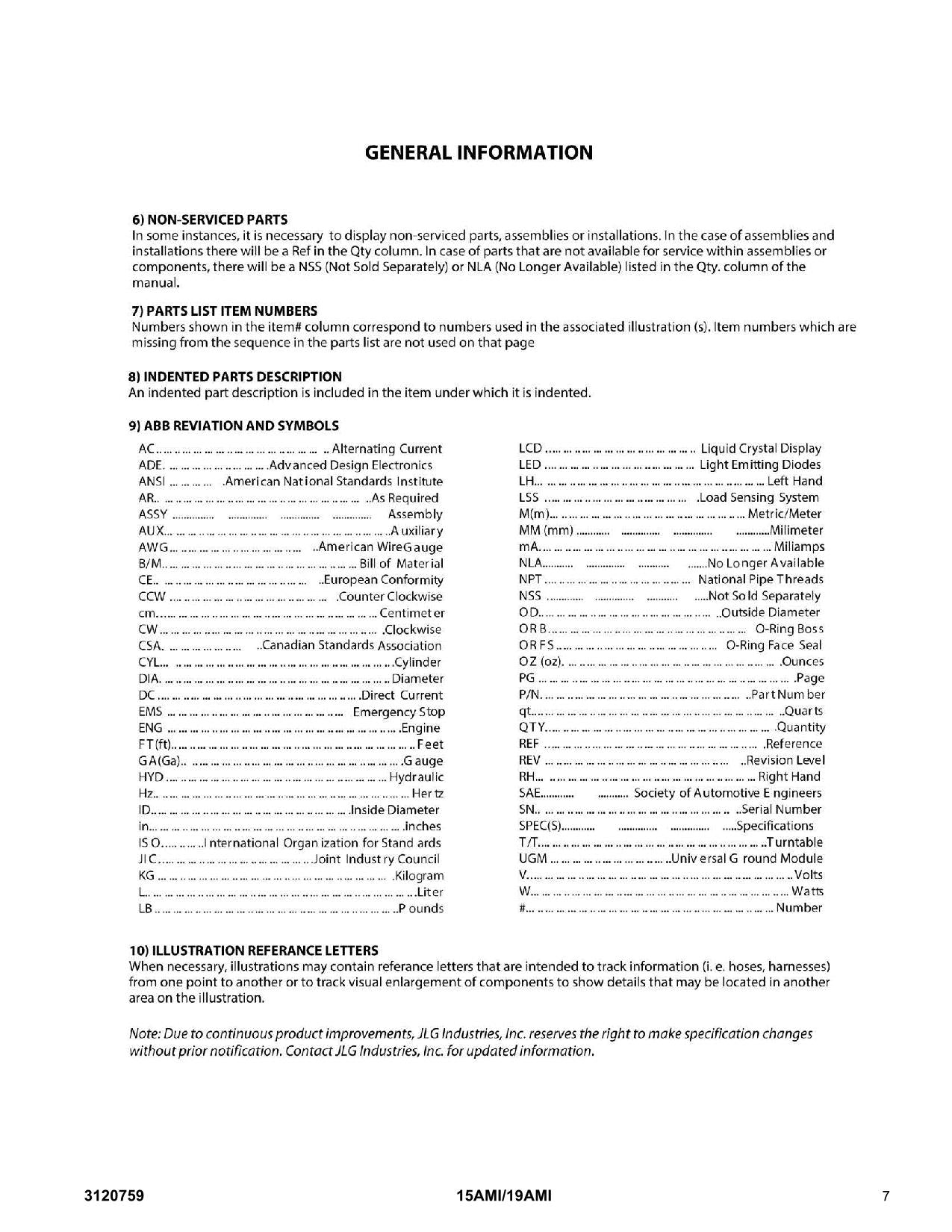 JLG 15AMI 19AMI Vertical Mast Parts Catalog Manual