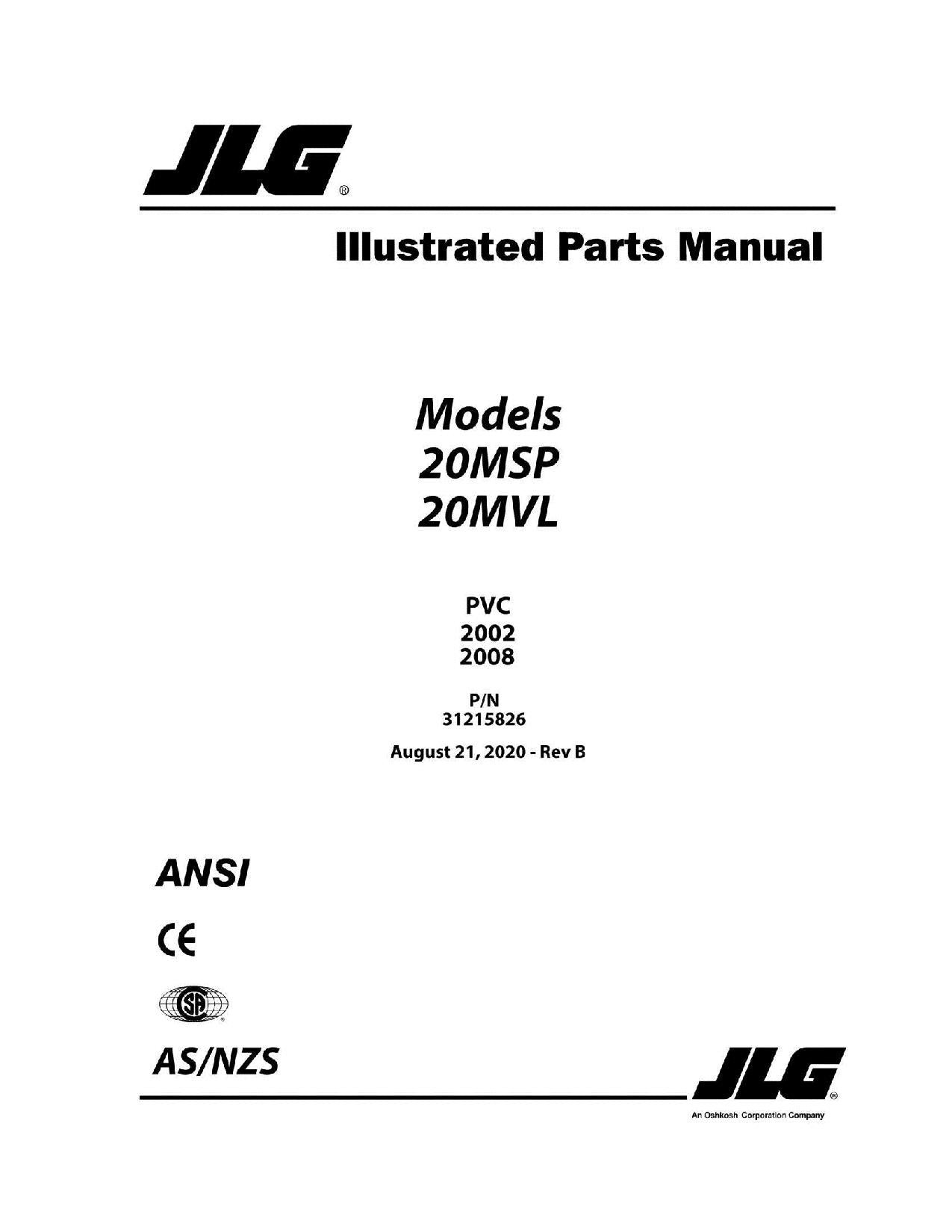 JLG 20MSP 20MVL  Vertical Mast Parts Catalog Manual