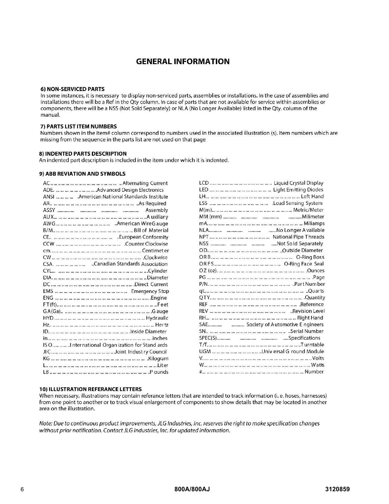 JLG 800A 800AJ Boom Lift Parts Catalog Manual 3120859