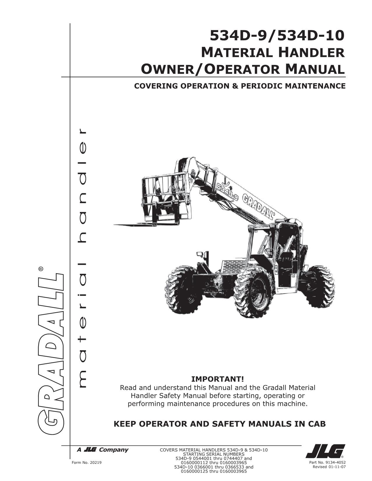 GRADALL JLG 534D-10 534D-9 Telehandler Maintenance Operation Operators Manual