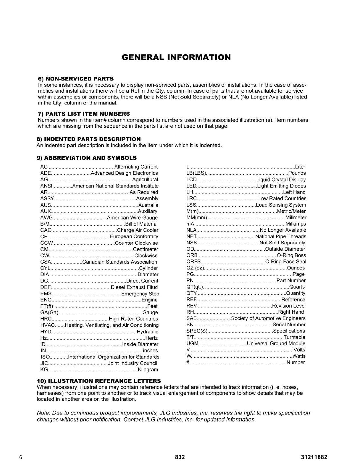 JLG 832 Telehandler Parts Catalog Manual