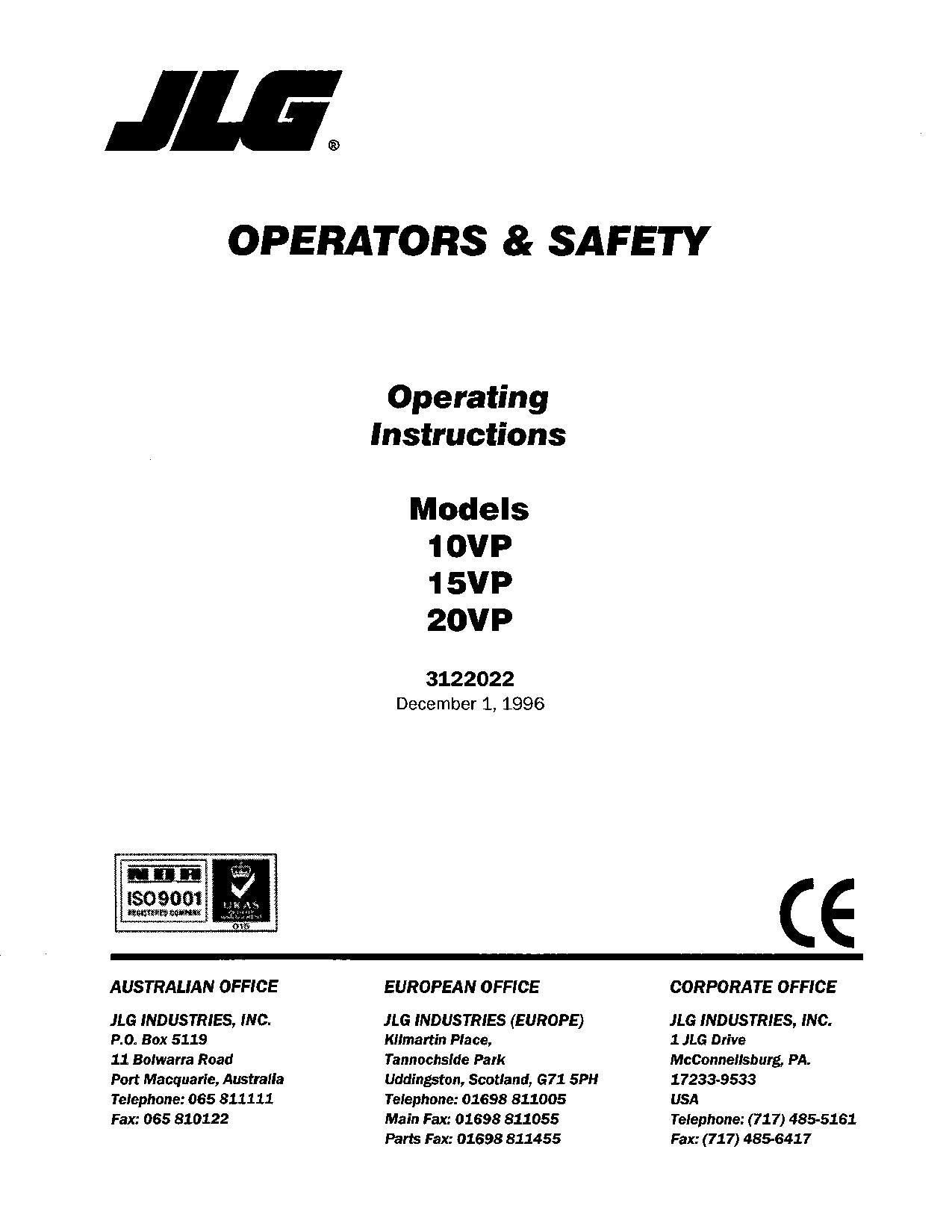 JLG 10VP 15VP 20VP- Operation Vertical Mast Operators Manual EN FR DE IT ES lang