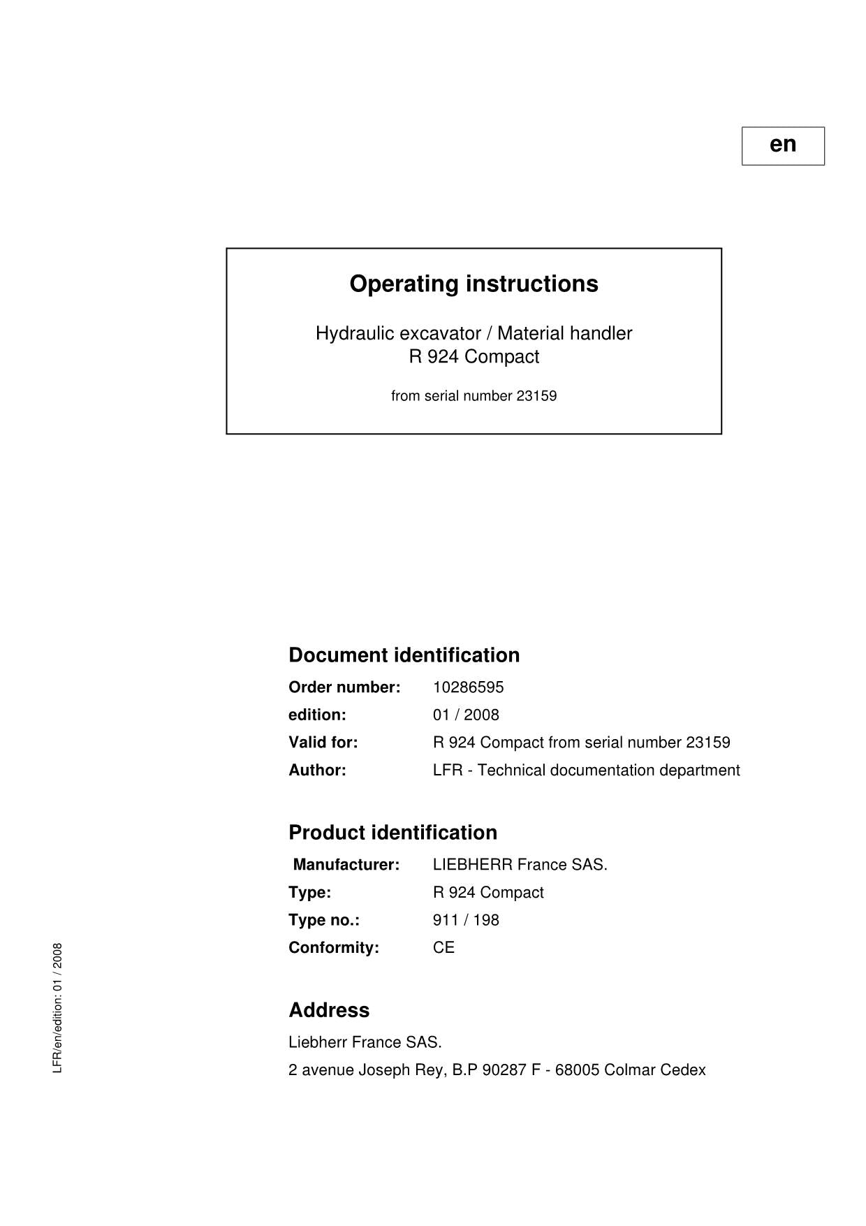 Liebherr R924 Compact Excavator Operators manual