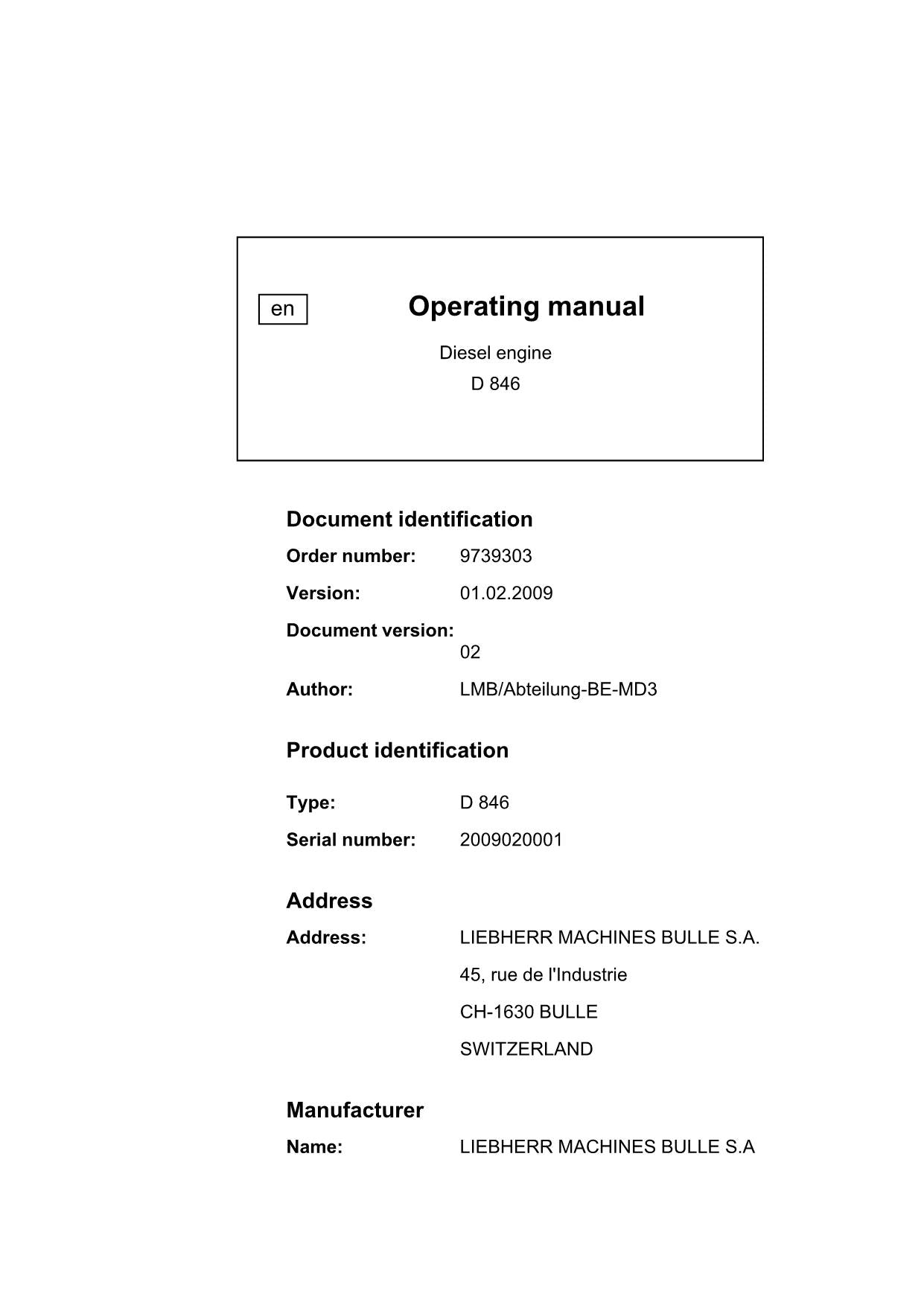 Liebherr D846 engine Operators manual