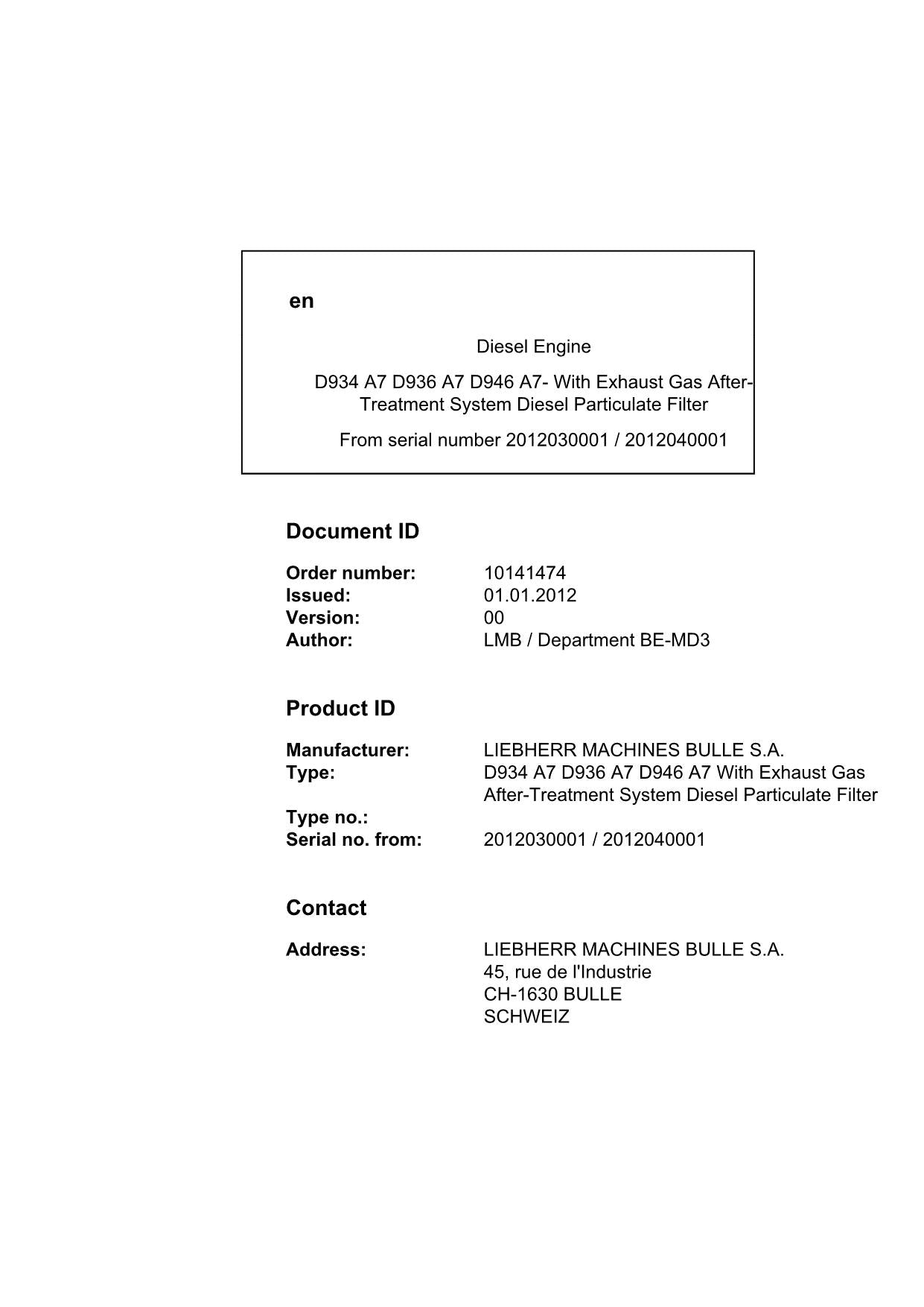 Liebherr D934 D936 D946 A7 Exhaust Gas Treatment System engine Operators manual