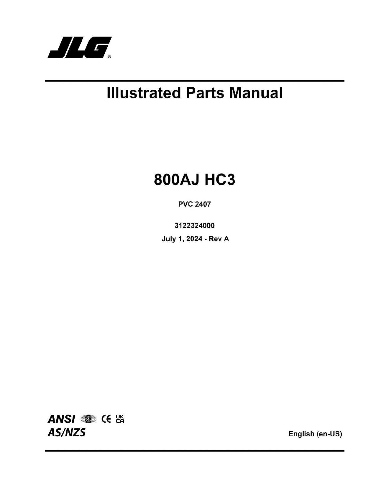 JLG 800AJ HC3  Boom Lift Parts Catalog Manual