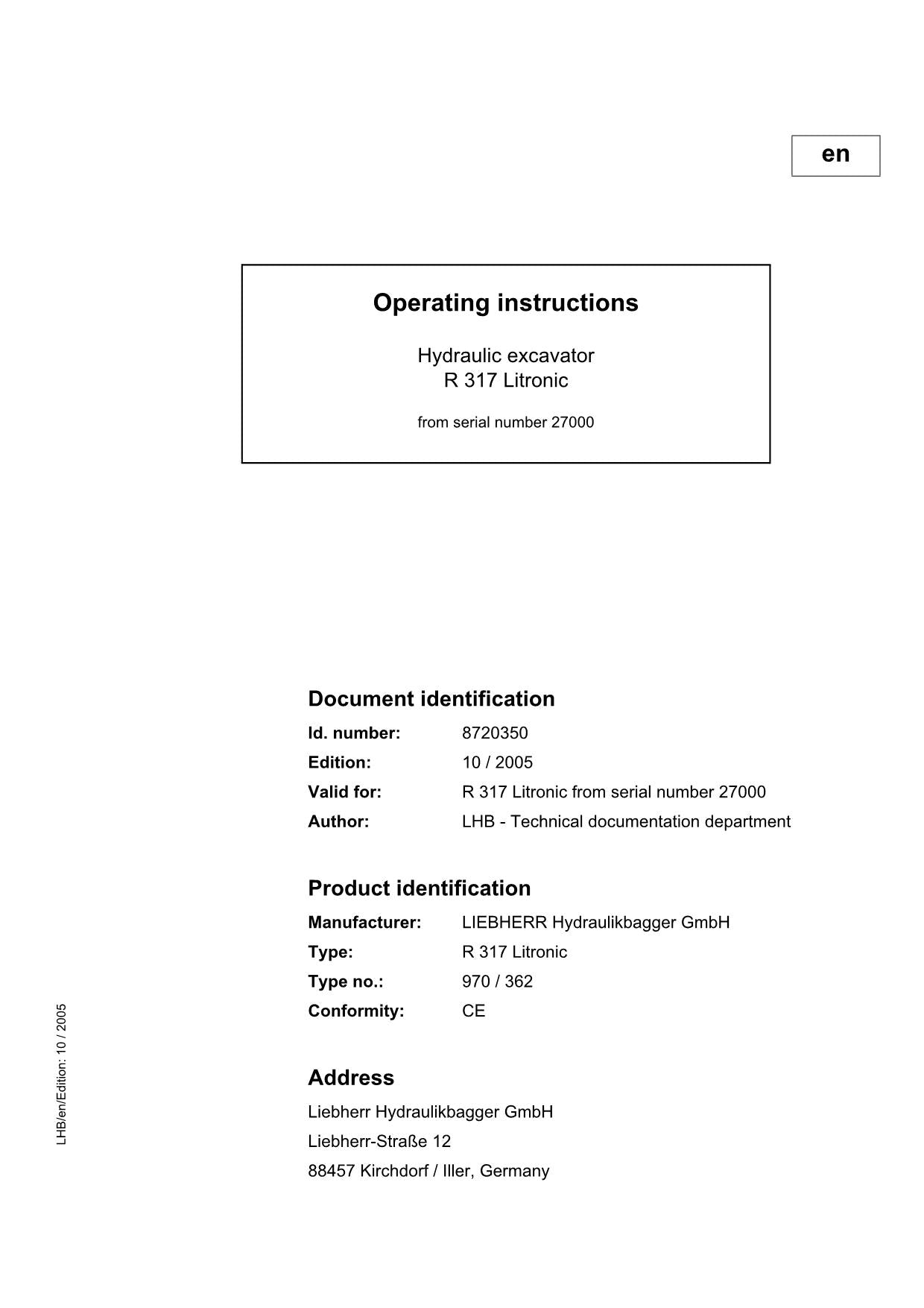 Liebherr R317 Litronic Excavator Operators manual serial 27000