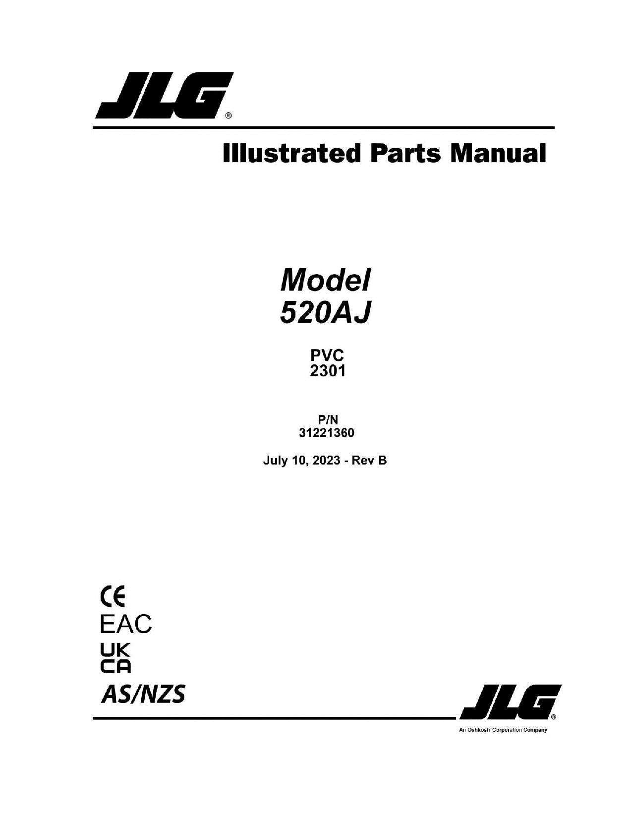 JLG 520AJ Boom Lift Parts Catalog Manual 31221360