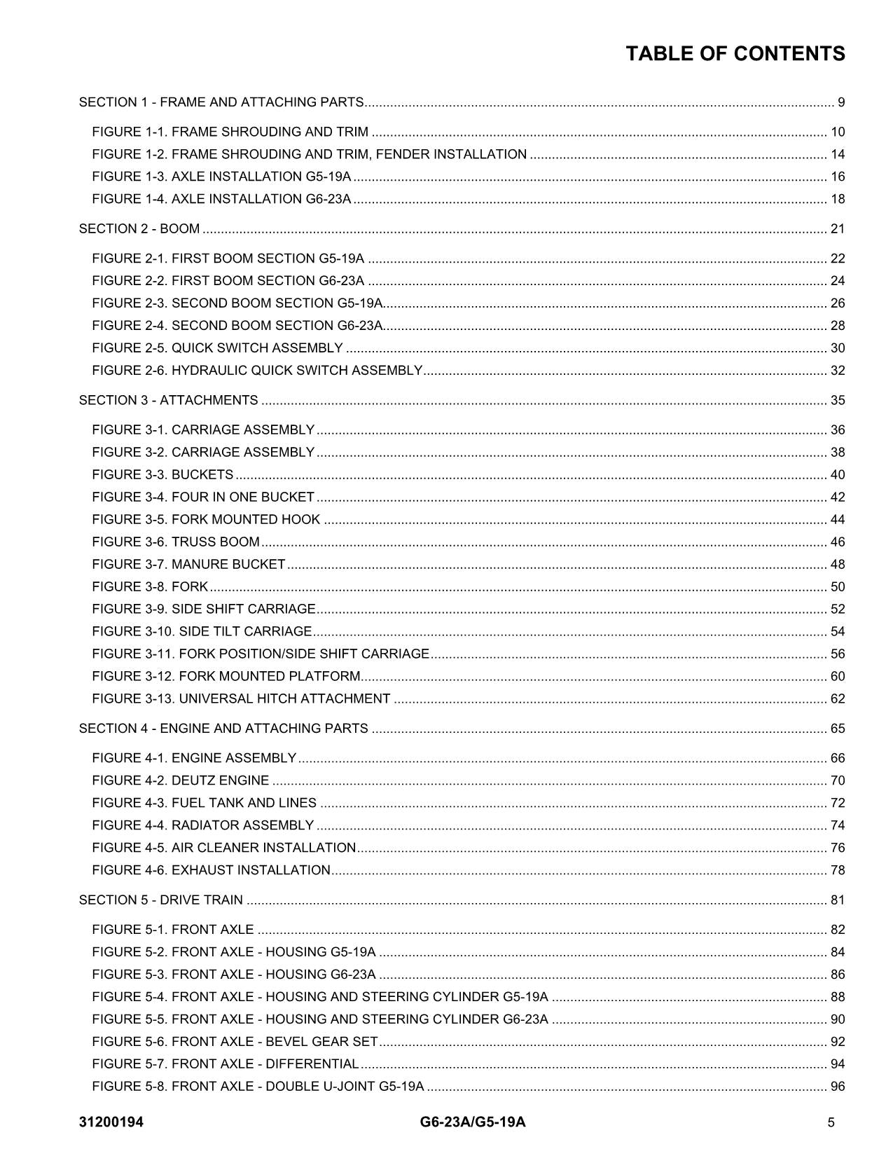 JLG G5-19A G6-23A Telehandler Parts Catalog Manual