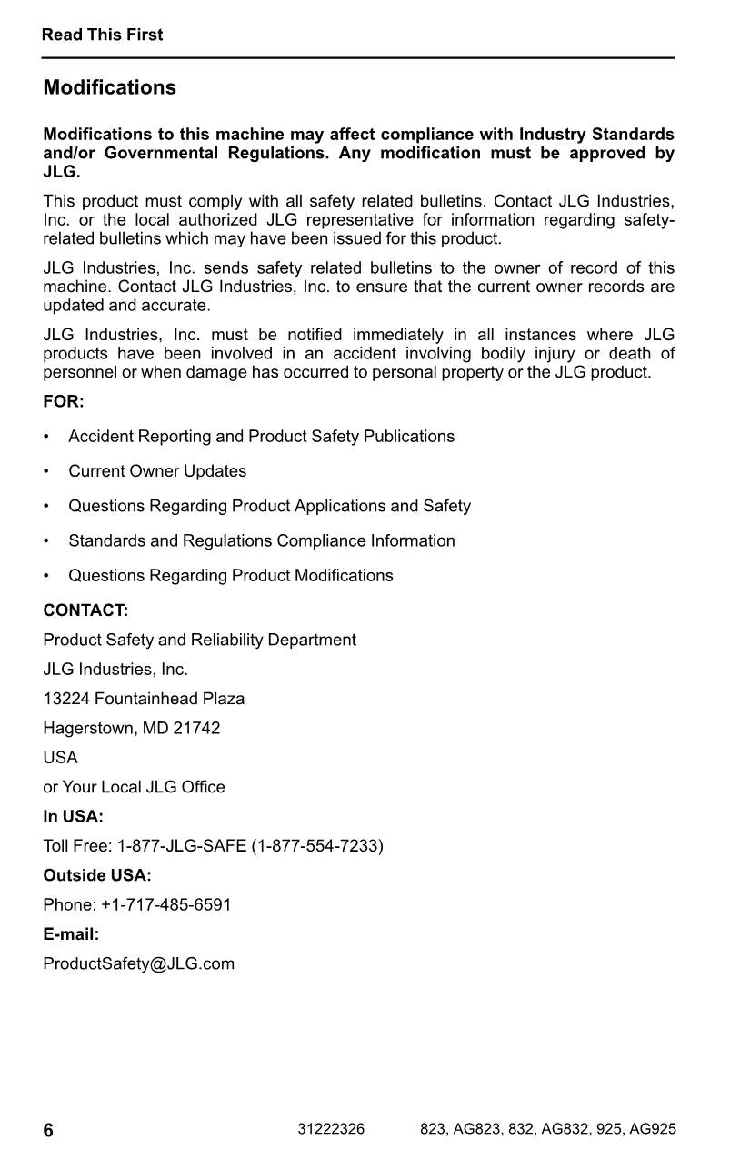 JLG 823 832 925 AG823 AG832 AG925 Telehandler Operators Manual