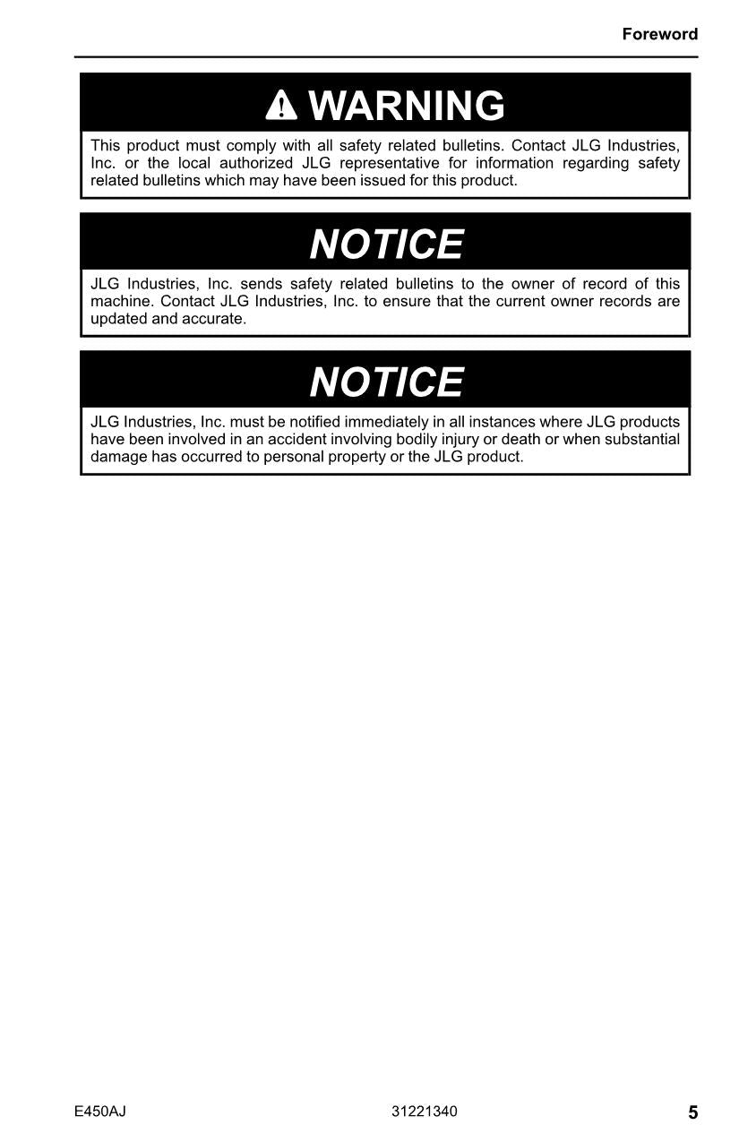 JLG E450AJ Boom Lift Maintenance Operation Operators Manual 31221340