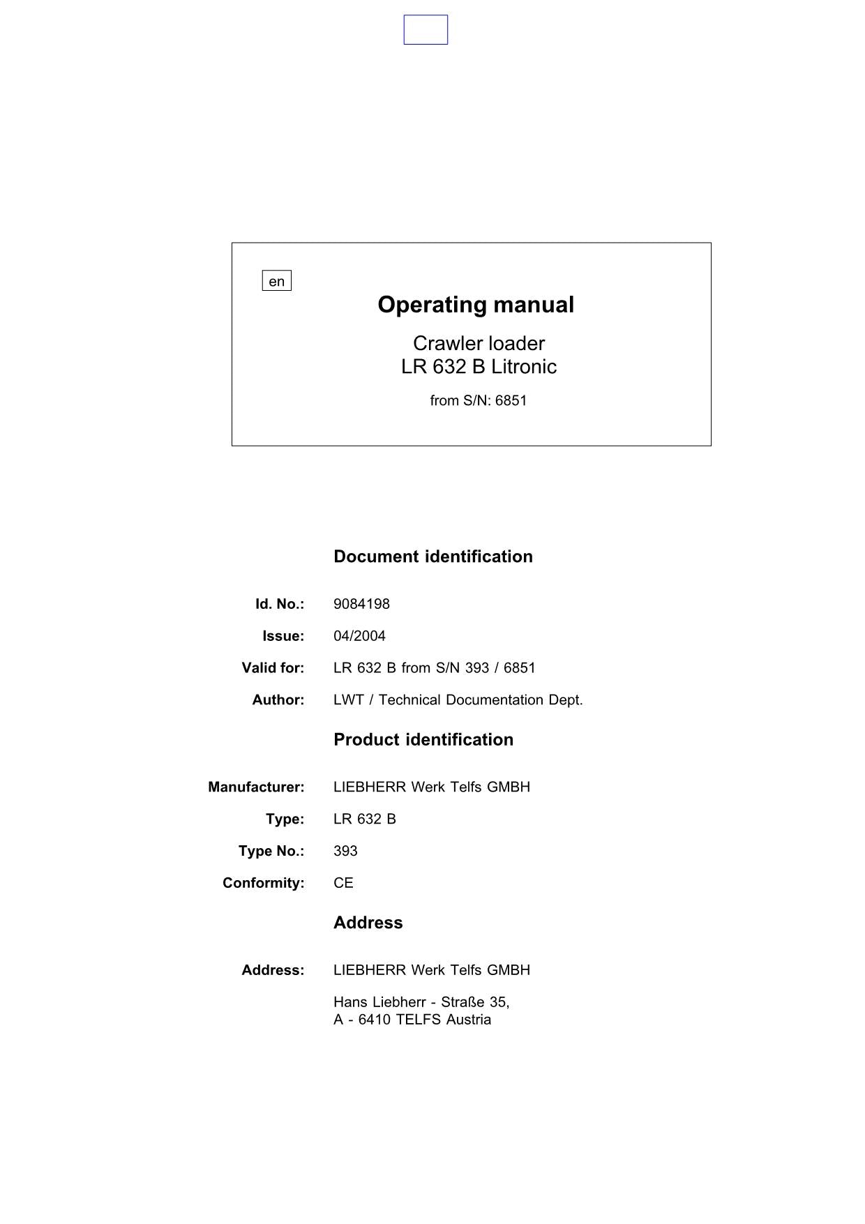 Liebherr LR632 B Litronic CRAWLER LOADER Operators manual 9084198