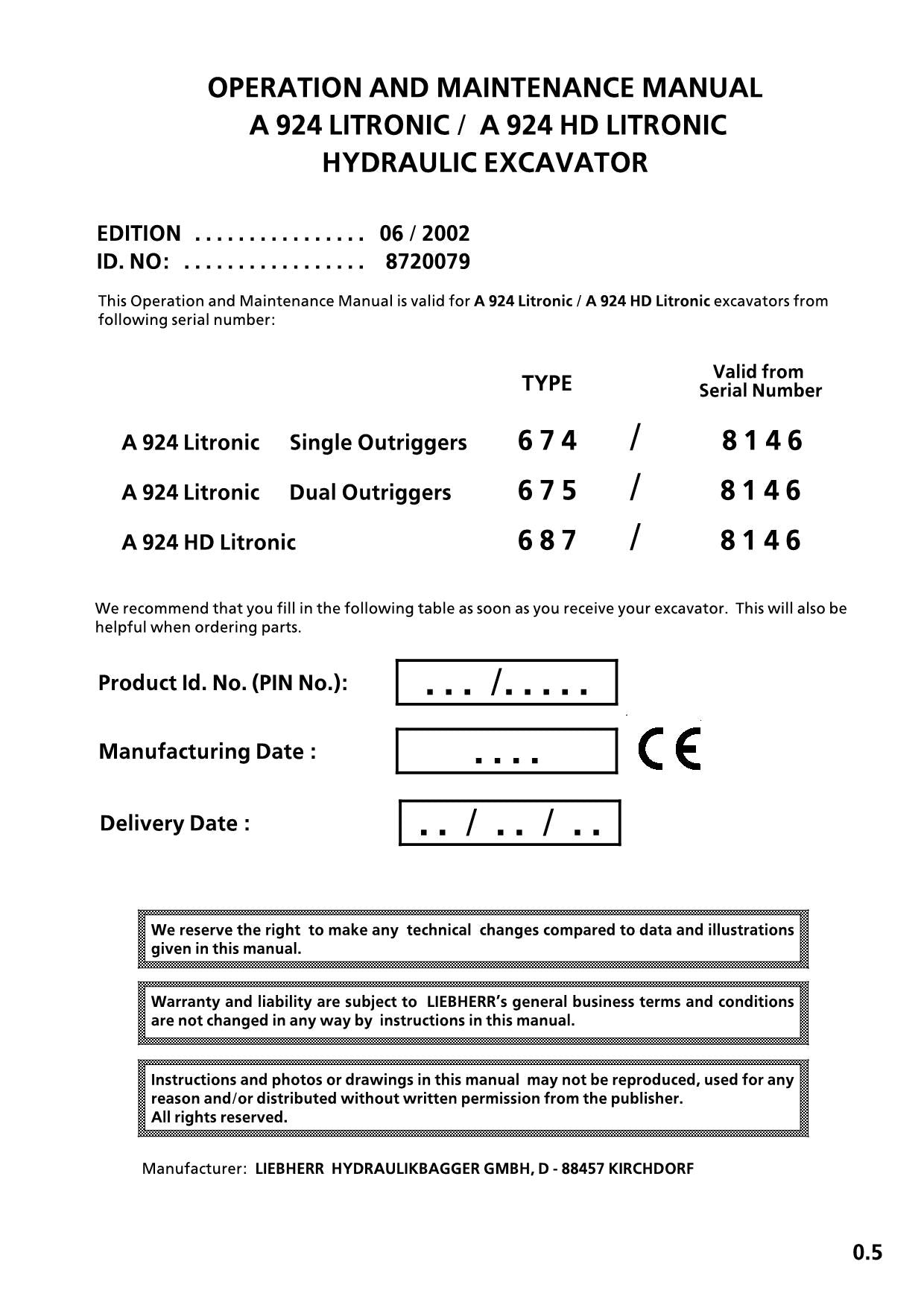 Liebherr A924 LITRONIC A924 HD LITRONIC Excavator Operators manual