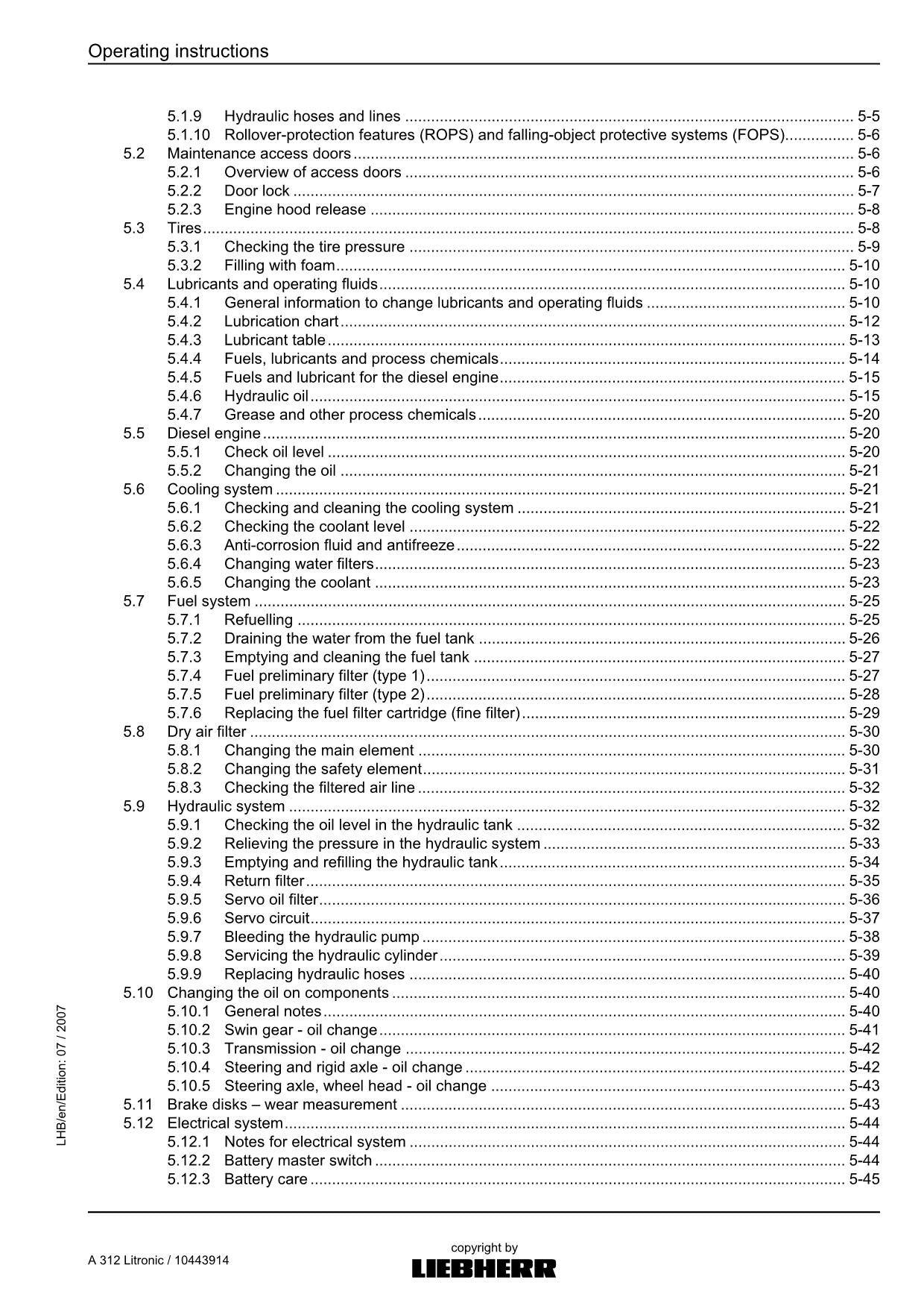 Liebherr A312 Litronic Excavator  Operators manual