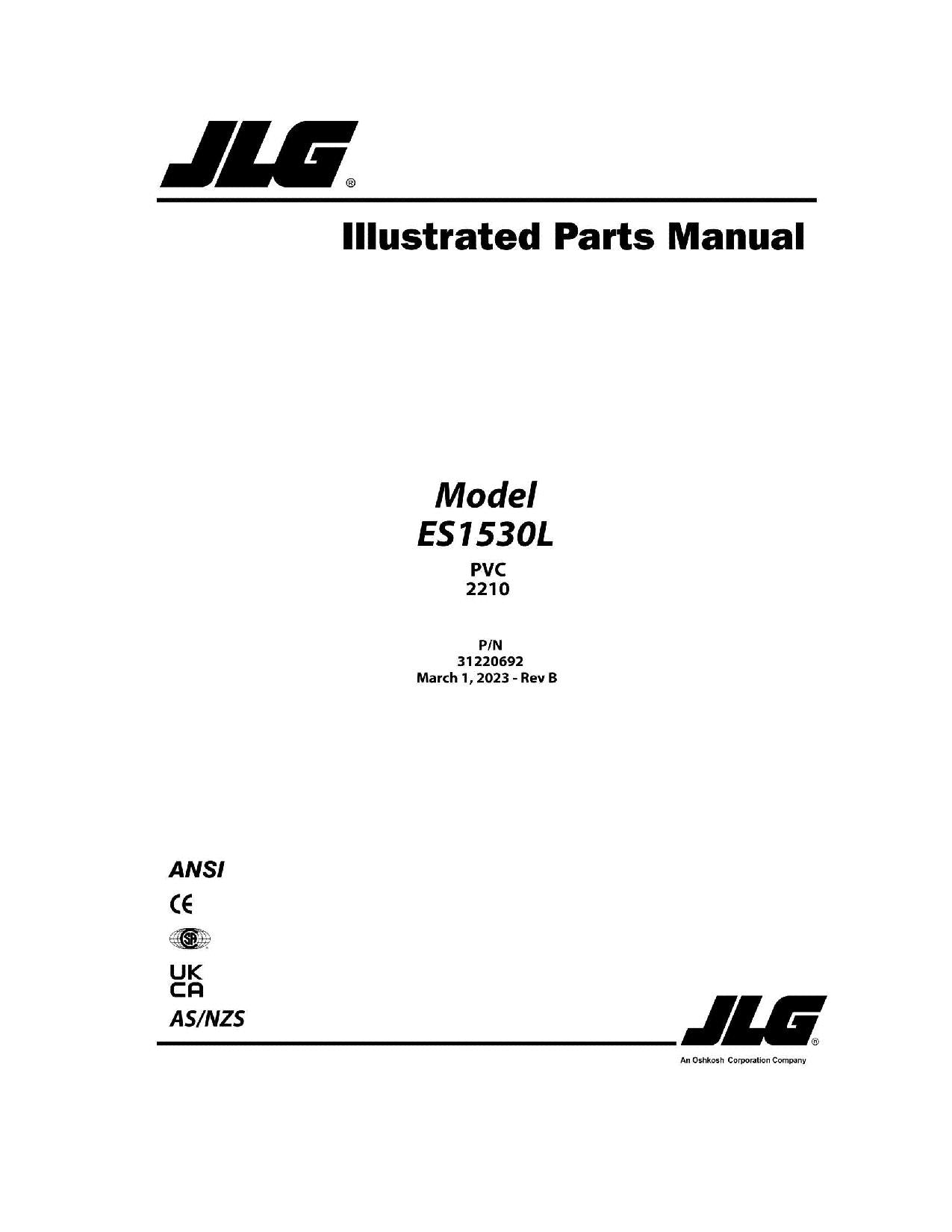 JLG ES1530L  Vertical Mast Parts Catalog Manual