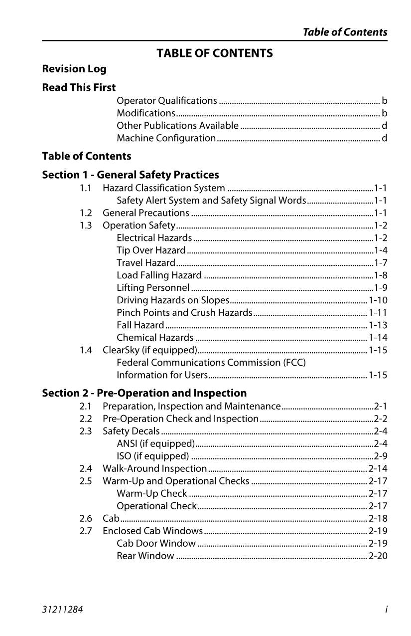 JLG 1644 1732 7013H 8010H Telehandler Maintenance Operators Manual 31211284